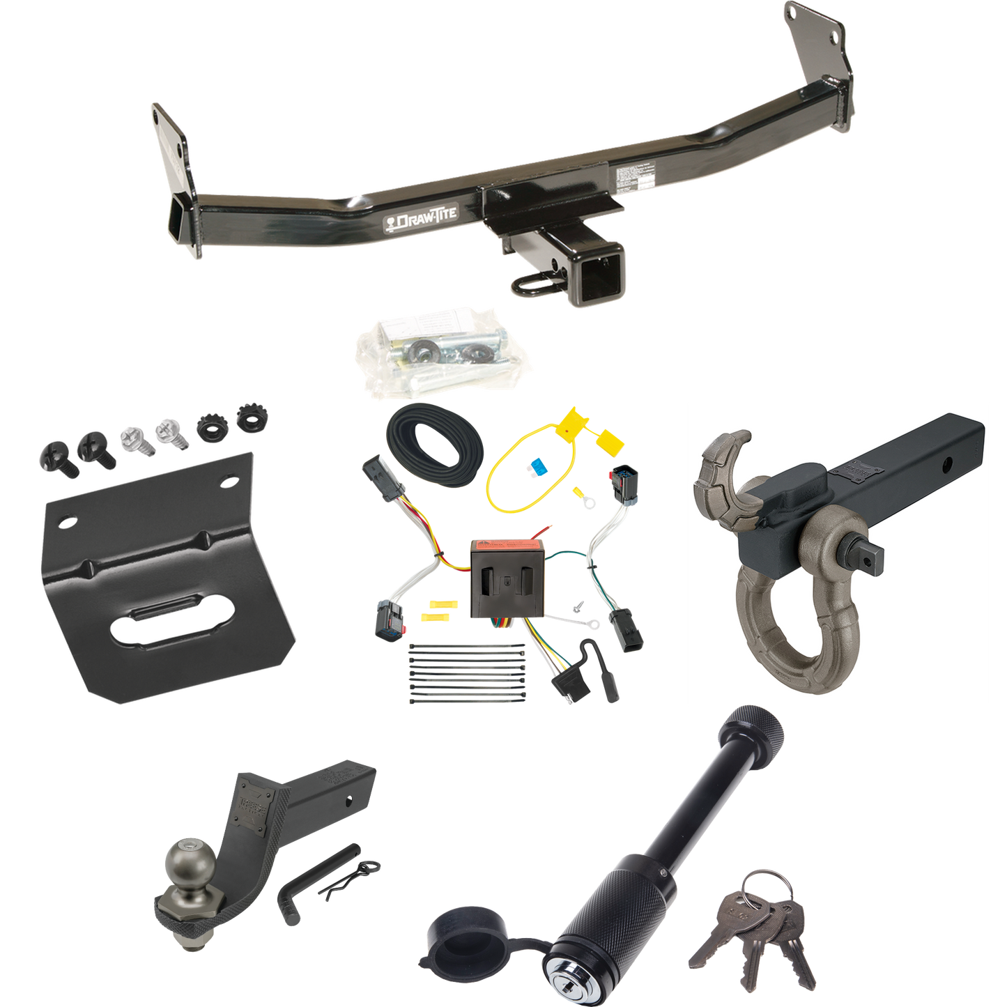 Fits 2011-2017 Jeep Compass Trailer Hitch Tow PKG w/ 4-Flat Wiring + Interlock Tactical Starter Kit w/ 3-1/4" Drop & 2" Ball + Tactical Hook & Shackle Mount + Tactical Dogbone Lock + Wiring Bracket (For (Old Body Style) Models) By Draw-Tite