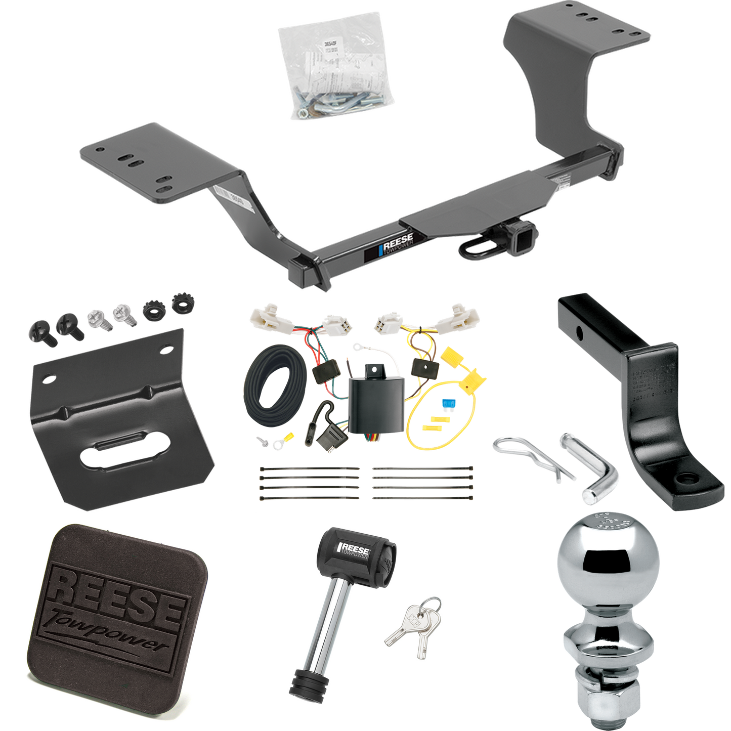 Se adapta al paquete de enganche de remolque Toyota Avalon 2013-2018 con arnés de cableado plano de 4 + barra de tracción + bola de 2" + soporte de cableado + cubierta de enganche + bloqueo de enganche de Reese Towpower