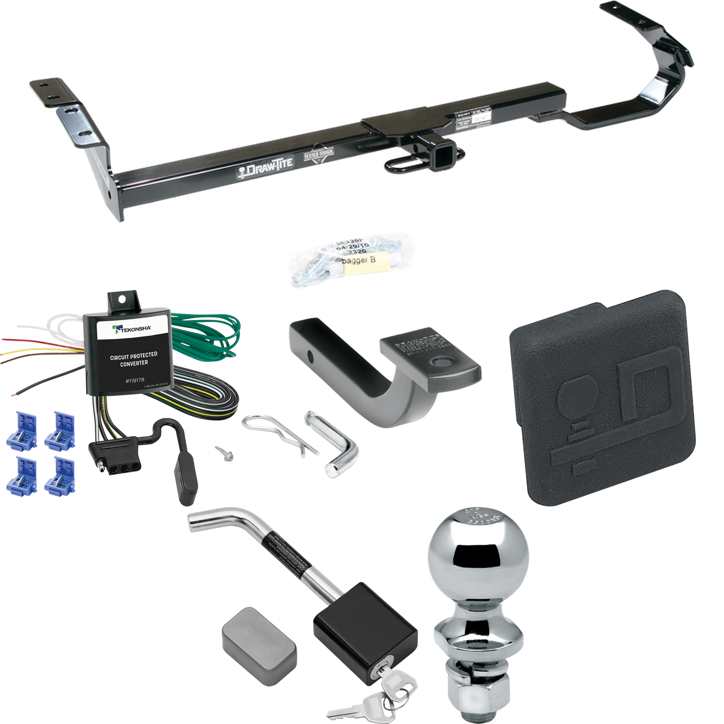 Fits 1999-2003 Toyota Solara Trailer Hitch Tow PKG w/ 4-Flat Wiring Harness + Draw-Bar + 2" Ball + Hitch Cover + Hitch Lock By Draw-Tite