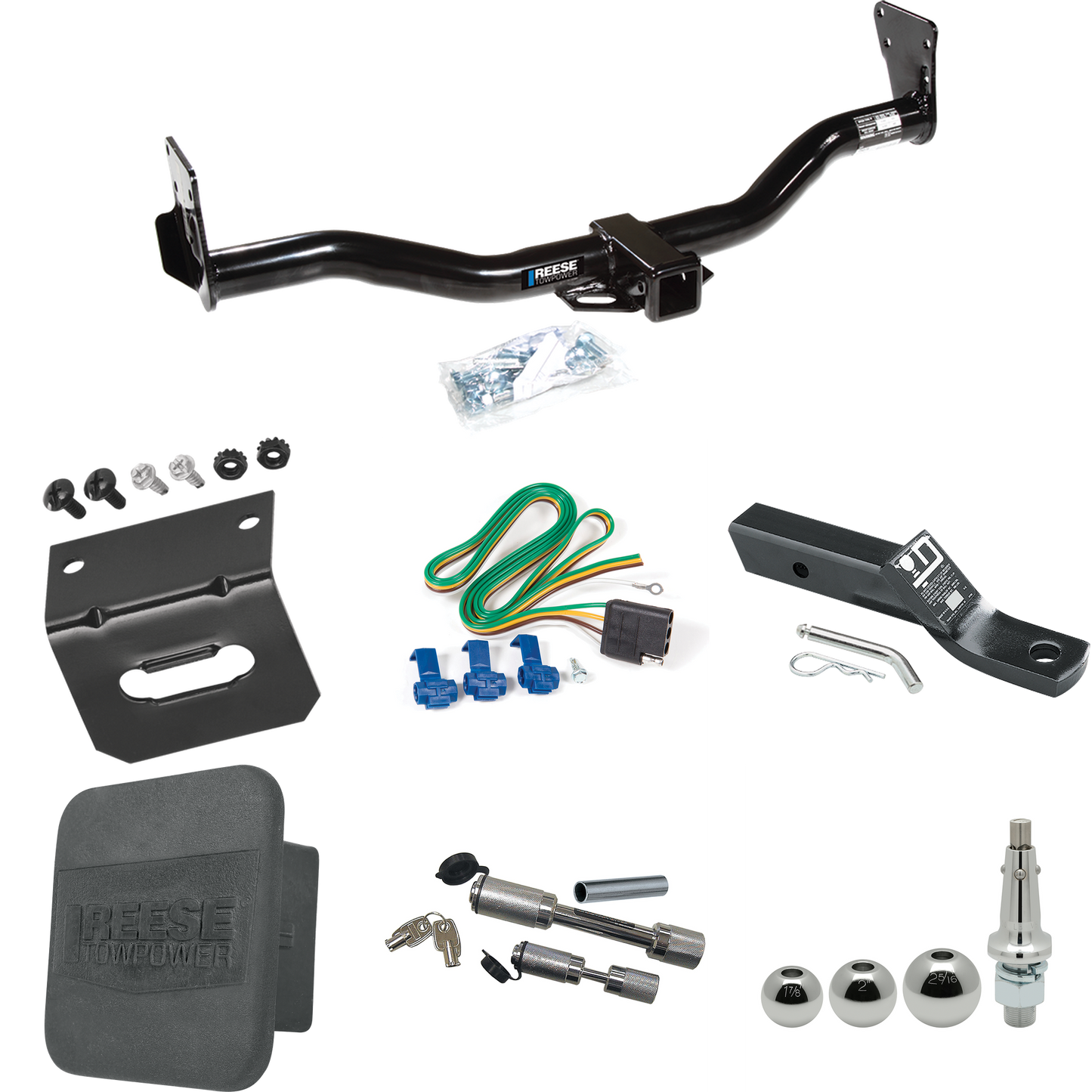 Fits 1995-2002 GMC Jimmy Trailer Hitch Tow PKG w/ 4-Flat Wiring + Ball Mount w/ 2" Drop + Interchangeable Ball 1-7/8" & 2" & 2-5/16" + Wiring Bracket + Dual Hitch & Coupler Locks + Hitch Cover By Reese Towpower