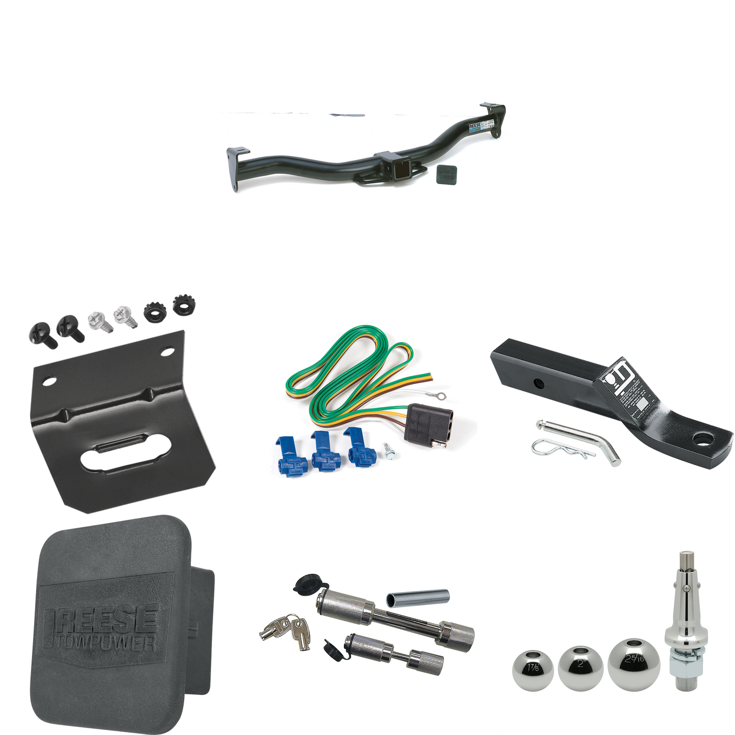 Fits 2003-2014 GMC Savana 2500 Trailer Hitch Tow PKG w/ 4-Flat Wiring + Ball Mount w/ 2" Drop + Interchangeable Ball 1-7/8" & 2" & 2-5/16" + Wiring Bracket + Dual Hitch & Coupler Locks + Hitch Cover By Reese Towpower