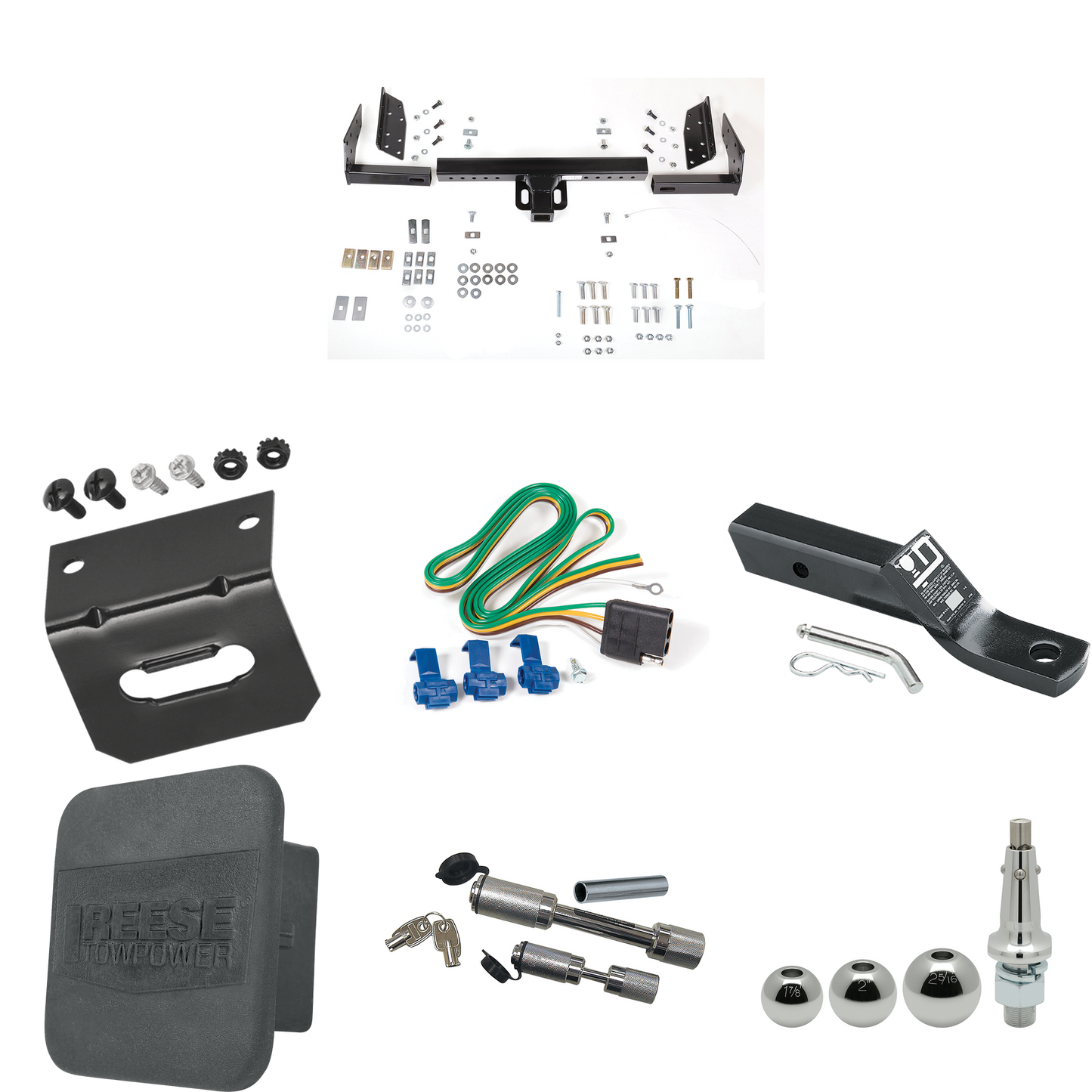 Fits 1987-1994 Dodge Dakota Trailer Hitch Tow PKG w/ 4-Flat Wiring + Ball Mount w/ 2" Drop + Interchangeable Ball 1-7/8" & 2" & 2-5/16" + Wiring Bracket + Dual Hitch & Coupler Locks + Hitch Cover By Reese Towpower