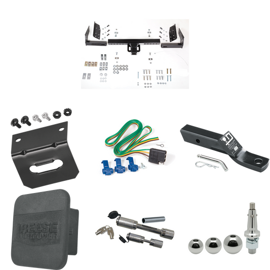 Fits 1987-1994 Dodge Dakota Trailer Hitch Tow PKG w/ 4-Flat Wiring + Ball Mount w/ 2" Drop + Interchangeable Ball 1-7/8" & 2" & 2-5/16" + Wiring Bracket + Dual Hitch & Coupler Locks + Hitch Cover By Reese Towpower