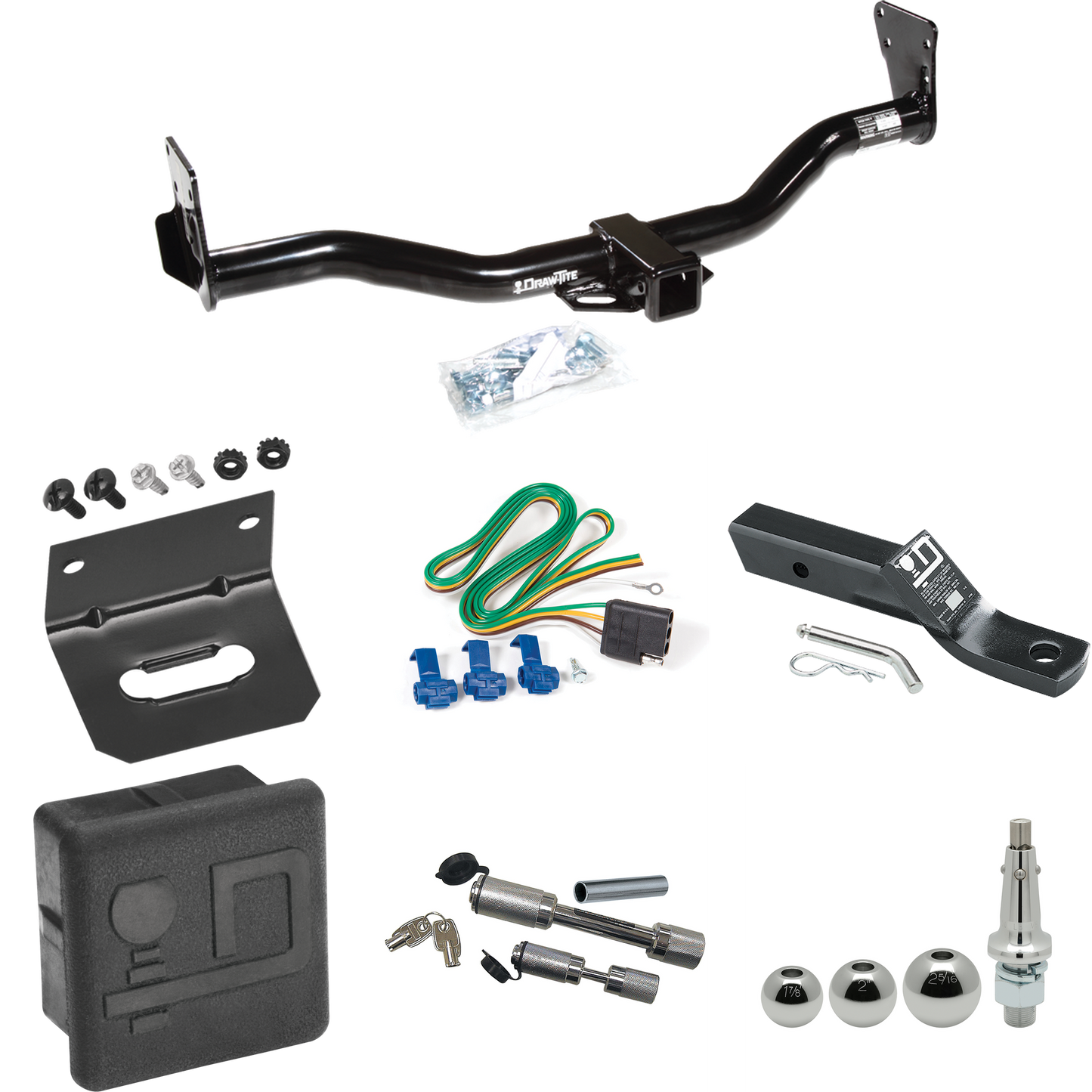 Fits 1999-2001 Chevrolet Blazer Trailblazer Trailer Hitch Tow PKG w/ 4-Flat Wiring + Ball Mount w/ 2" Drop + Interchangeable Ball 1-7/8" & 2" & 2-5/16" + Wiring Bracket + Dual Hitch & Coupler Locks + Hitch Cover By Draw-Tite