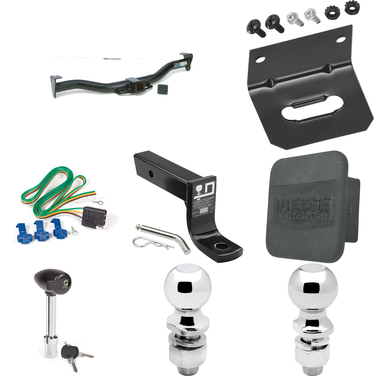 Fits 1996-1999 Chevrolet Express 2500 Trailer Hitch Tow PKG w/ 4-Flat Wiring + Ball Mount w/ 4" Drop + 2" Ball + 2-5/16" Ball + Wiring Bracket + Hitch Lock + Hitch Cover By Reese Towpower