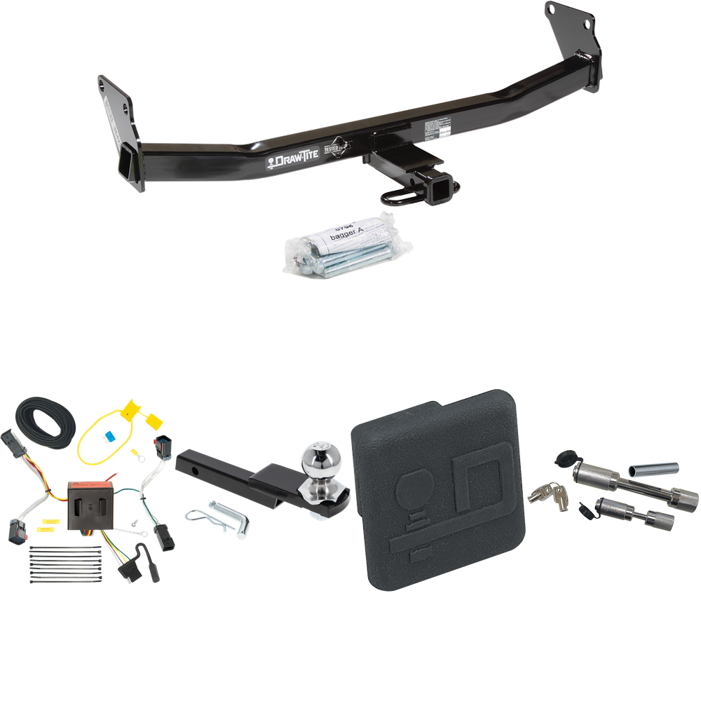 Fits 2011-2017 Jeep Compass Trailer Hitch Tow PKG w/ 4-Flat Wiring Harness + Interlock Starter Kit w/ 2" Ball 1-1/4" Drop 3/4" Rise + Hitch Cover + Dual Hitch & Coupler Locks (For (Old Body Style) Models) By Draw-Tite