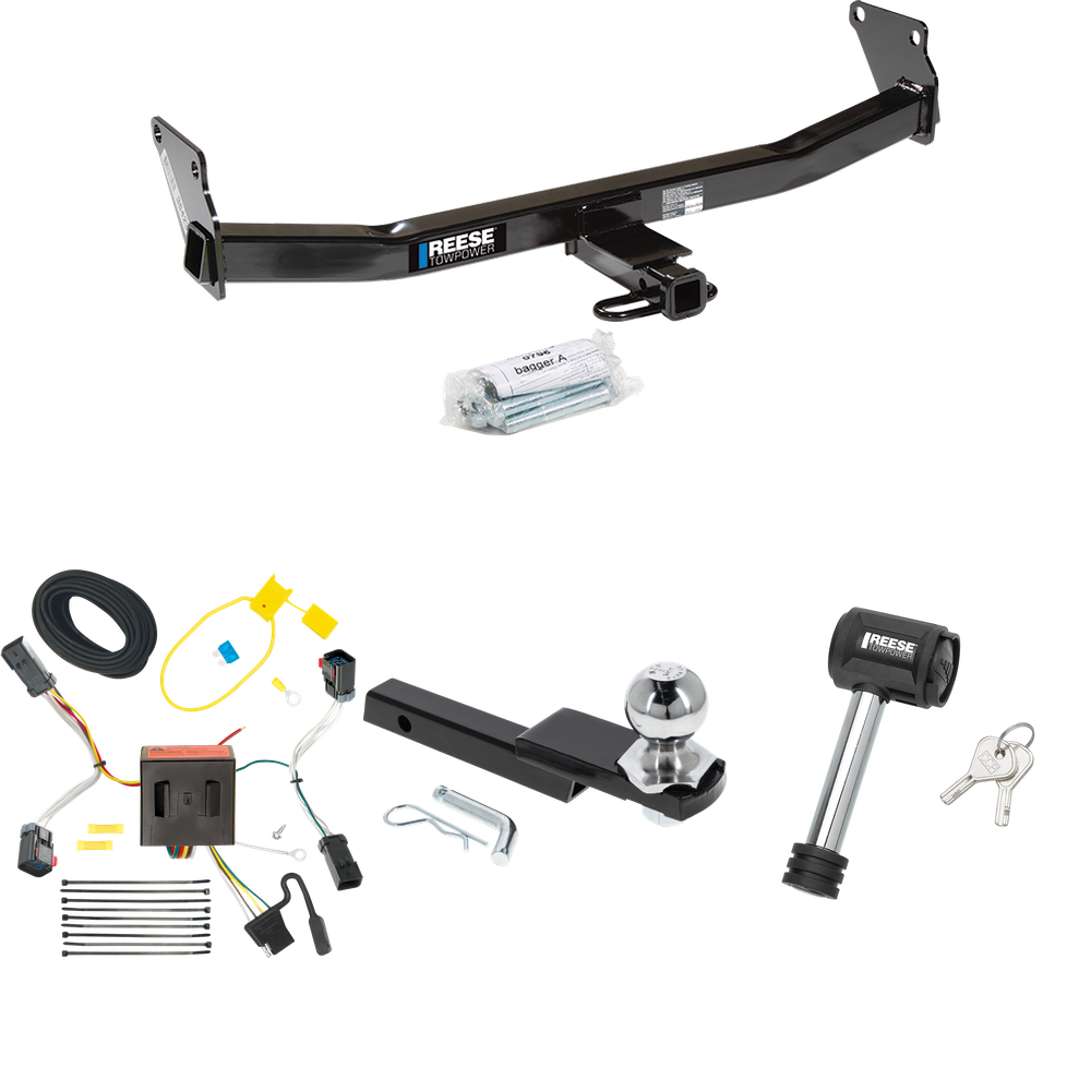 Fits 2011-2017 Jeep Compass Trailer Hitch Tow PKG w/ 4-Flat Wiring Harness + Interlock Starter Kit w/ 2" Ball 1-1/4" Drop 3/4" Rise + Hitch Lock (For (Old Body Style) Models) By Reese Towpower