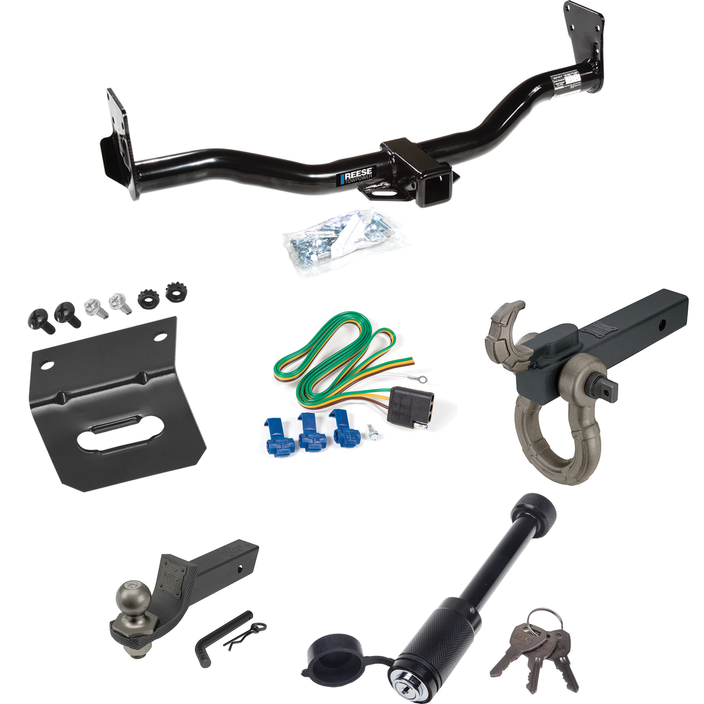 Fits 1999-2001 Chevrolet Blazer Trailblazer Trailer Hitch Tow PKG w/ 4-Flat Wiring + Interlock Tactical Starter Kit w/ 2" Drop & 2" Ball + Tactical Hook & Shackle Mount + Tactical Dogbone Lock + Wiring Bracket By Reese Towpower