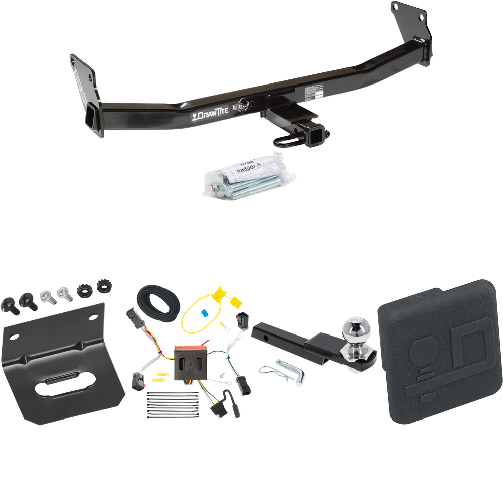 Fits 2011-2017 Jeep Compass Trailer Hitch Tow PKG w/ 4-Flat Wiring Harness + Interlock Starter Kit w/ 2" Ball 1-1/4" Drop 3/4" Rise + Wiring Bracket + Hitch Cover (For (Old Body Style) Models) By Draw-Tite