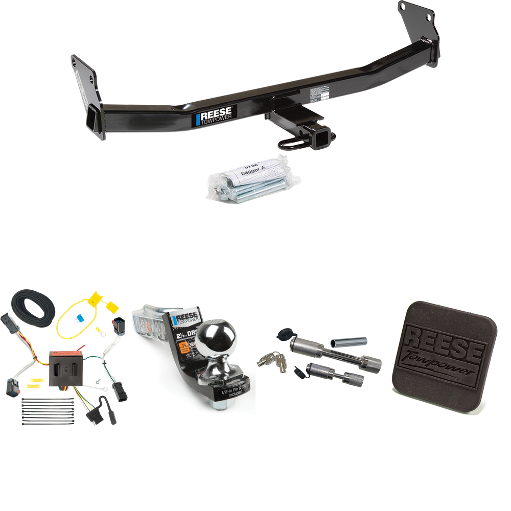 Fits 2011-2017 Jeep Compass Trailer Hitch Tow PKG w/ 4-Flat Wiring Harness + Interlock Starter Kit w/ 2" Ball 2-1/2" Drop 2" Rise + Hitch Cover + Dual Hitch & Coupler Locks (For (Old Body Style) Models) By Reese Towpower