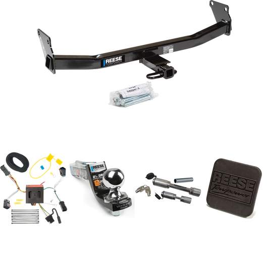 Fits 2011-2017 Jeep Compass Trailer Hitch Tow PKG w/ 4-Flat Wiring Harness + Interlock Starter Kit w/ 2" Ball 2-1/2" Drop 2" Rise + Hitch Cover + Dual Hitch & Coupler Locks (For (Old Body Style) Models) By Reese Towpower