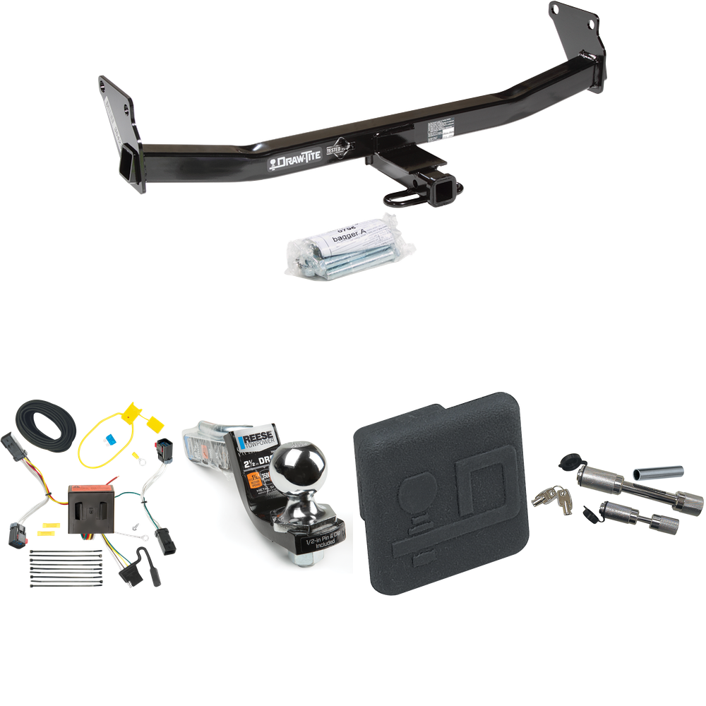 Fits 2011-2017 Jeep Compass Trailer Hitch Tow PKG w/ 4-Flat Wiring Harness + Interlock Starter Kit w/ 2" Ball 2-1/2" Drop 2" Rise + Hitch Cover + Dual Hitch & Coupler Locks (For (Old Body Style) Models) By Draw-Tite