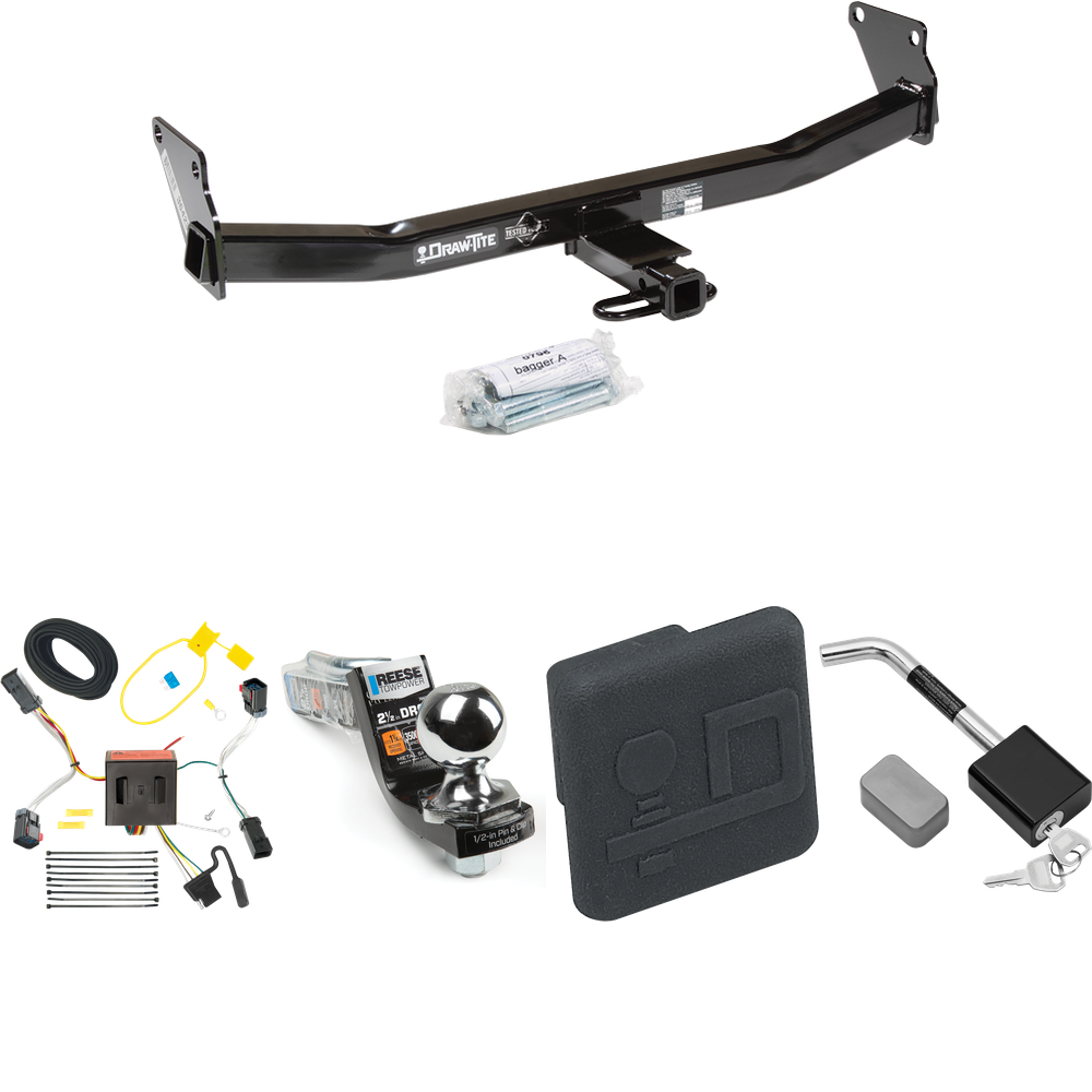 Fits 2011-2017 Jeep Compass Trailer Hitch Tow PKG w/ 4-Flat Wiring Harness + Interlock Starter Kit w/ 2" Ball 2-1/2" Drop 2" Rise + Hitch Cover + Hitch Lock (For (Old Body Style) Models) By Draw-Tite