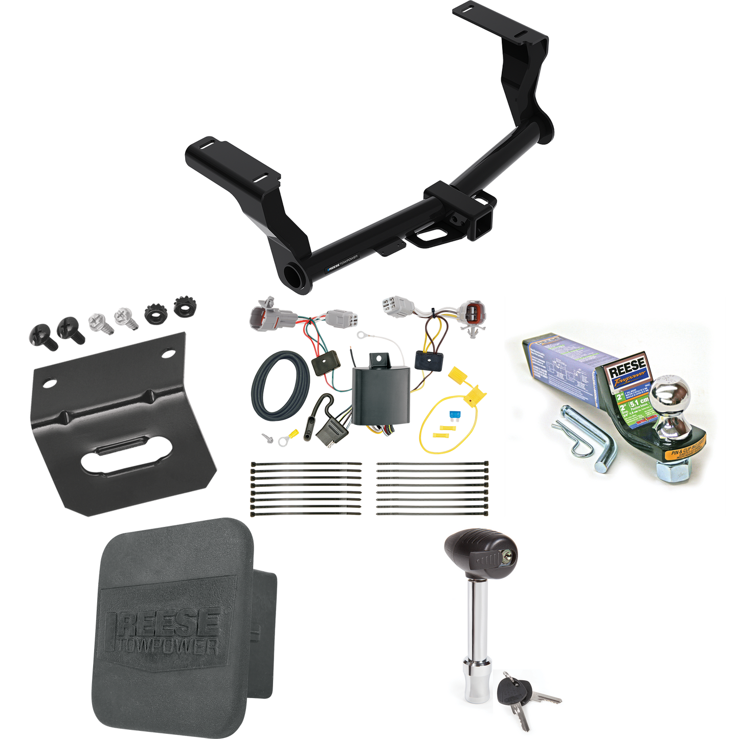 Fits 2018-2022 Subaru Impreza Trailer Hitch Tow PKG w/ 4-Flat Wiring + Starter Kit Ball Mount w/ 2" Drop & 1-7/8" Ball + Wiring Bracket + Hitch Lock + Hitch Cover (For Wagon, Except WRX STi & w/Quad Exhaust Outlets Models) By Reese Towpower