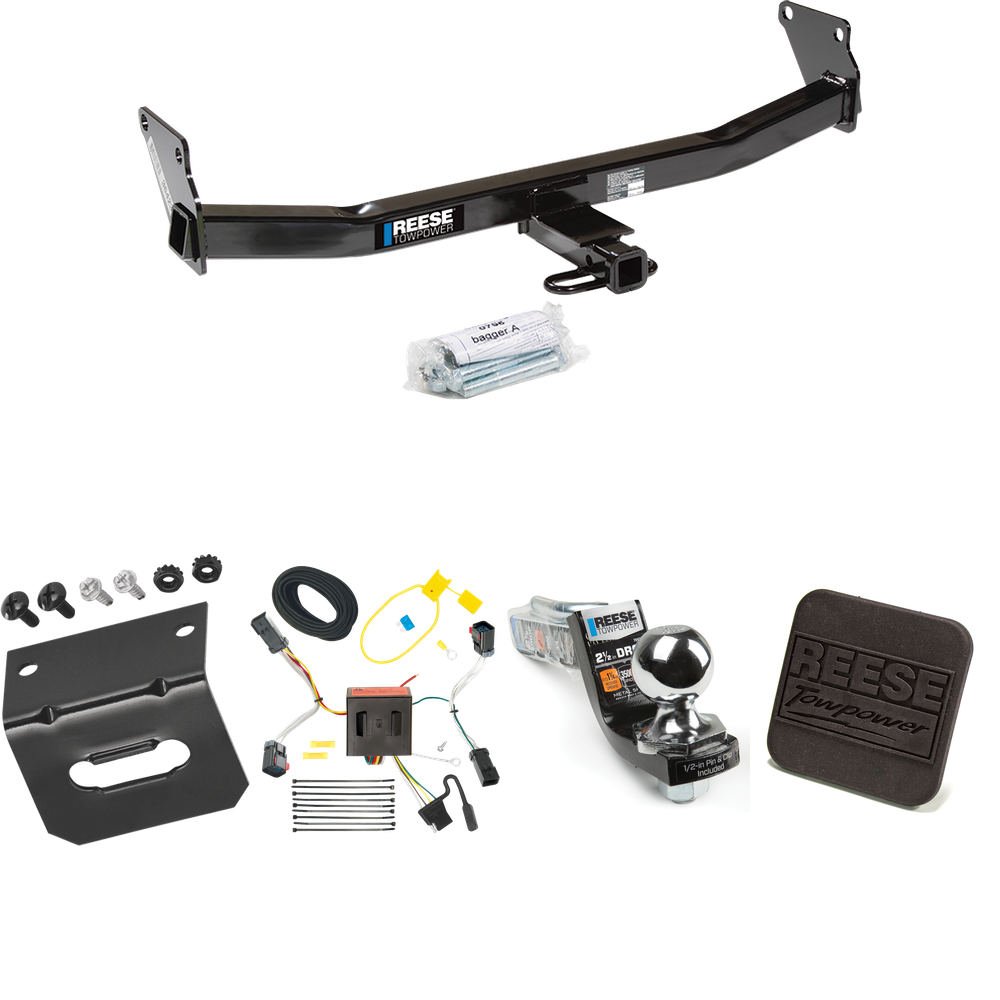 Fits 2011-2017 Jeep Compass Trailer Hitch Tow PKG w/ 4-Flat Wiring Harness + Interlock Starter Kit w/ 2" Ball 2-1/2" Drop 2" Rise + Wiring Bracket + Hitch Cover (For (Old Body Style) Models) By Reese Towpower