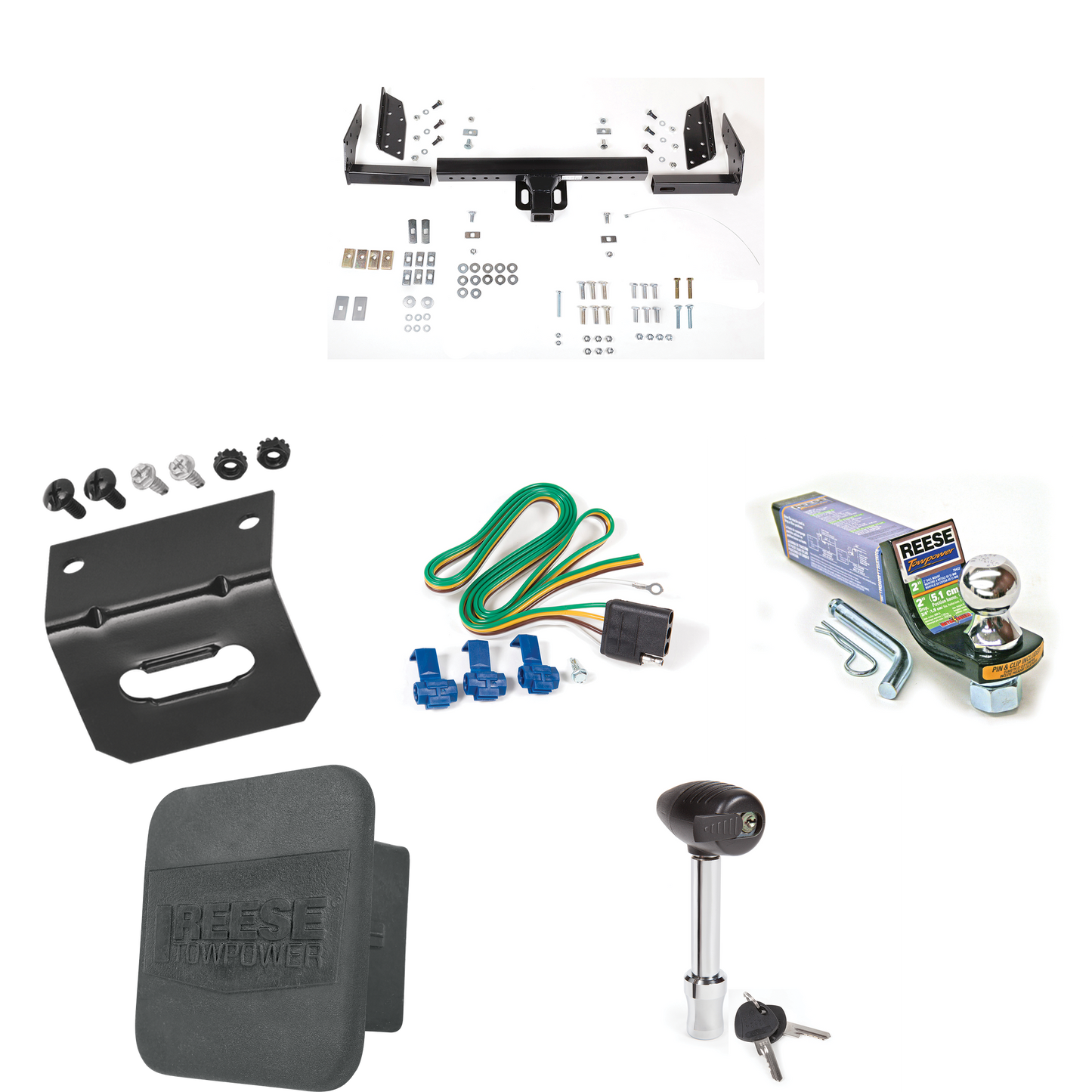 Fits 1985-1994 GMC S15 & Sonoma Trailer Hitch Tow PKG w/ 4-Flat Wiring + Starter Kit Ball Mount w/ 2" Drop & 1-7/8" Ball + Wiring Bracket + Hitch Lock + Hitch Cover (For w/Standard Bed & Step Bumper Models) By Reese Towpower