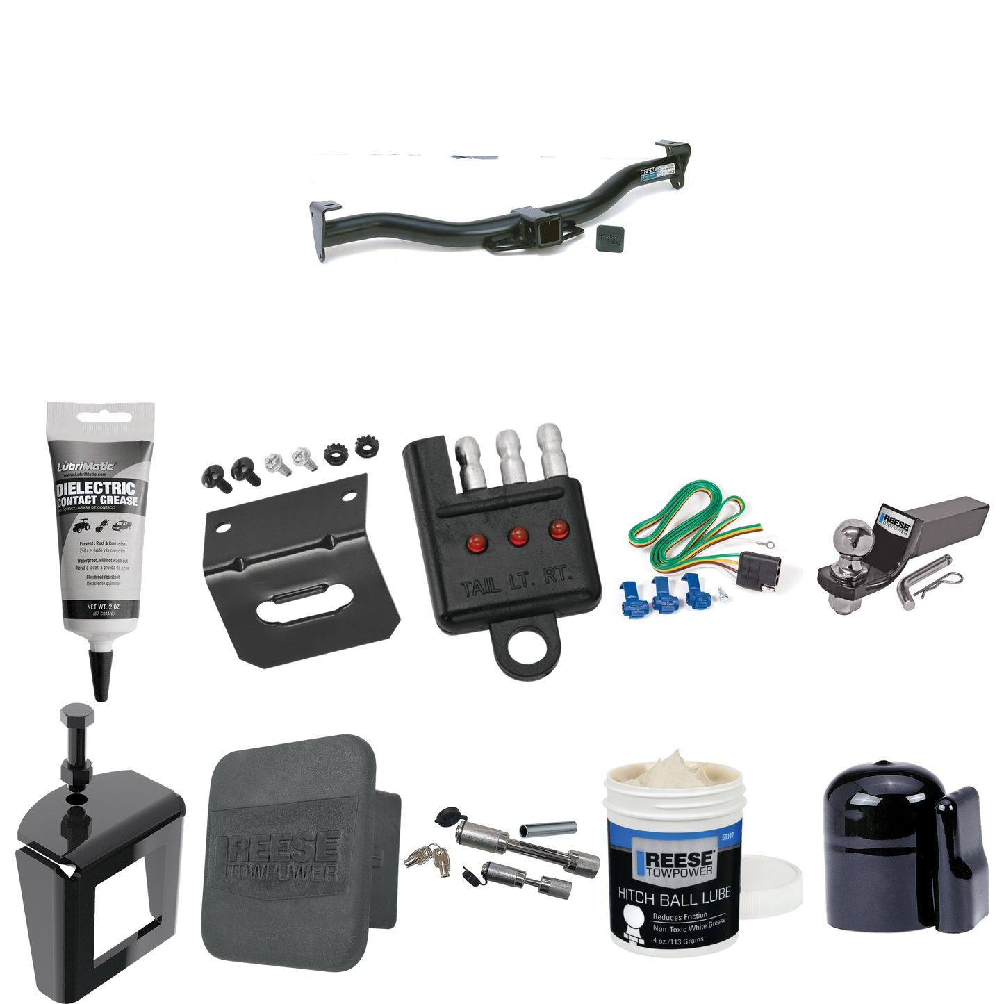 Fits 2004-2014 Ford E-150 Econoline Trailer Hitch Tow PKG w/ 4-Flat Wiring + Starter Kit Ball Mount w/ 2" Drop & 2" Ball + 1-7/8" Ball + Wiring Bracket + Dual Hitch & Coupler Locks + Hitch Cover + Wiring Tester + Ball Lube + Electric Grease + Ball Wr