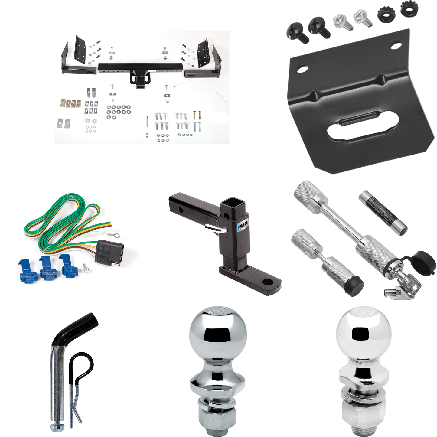 Fits 1995-2004 Chevrolet S10 Trailer Hitch Tow PKG w/ 4-Flat Wiring Harness + Adjustable Drop Rise Ball Mount + Pin/Clip + 2" Ball + 1-7/8" Ball + Dual Hitch & Coupler Locks (For w/Standard Bed & Step Bumper Models) By Reese Towpower