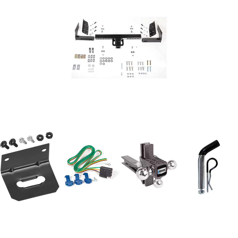 Fits 1985-1994 GMC S15 & Sonoma Trailer Hitch Tow PKG w/ 4-Flat Wiring Harness + Adjustable Drop Rise Triple Ball Ball Mount 1-7/8" & 2" & 2-5/16" Trailer Balls + Pin/Clip + Wiring Bracket (For w/Standard Bed & Step Bumper Models) By Reese Towpower