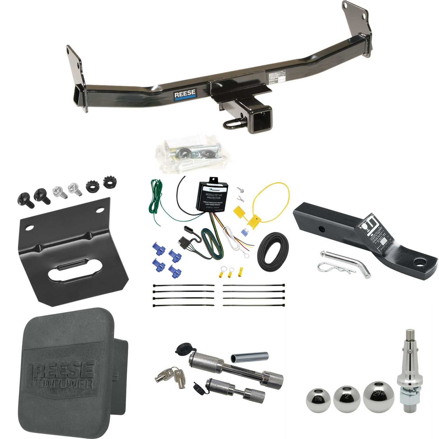 Fits 2007-2007 Jeep Patriot Trailer Hitch Tow PKG w/ 4-Flat Wiring + Ball Mount w/ 2" Drop + Interchangeable Ball 1-7/8" & 2" & 2-5/16" + Wiring Bracket + Dual Hitch & Coupler Locks + Hitch Cover By Reese Towpower