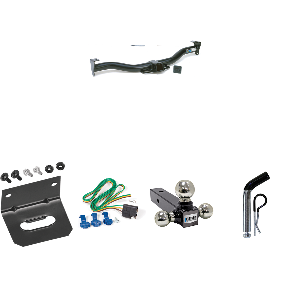 Fits 2009-2012 Ford E-150 Econoline Trailer Hitch Tow PKG w/ 4-Flat Wiring Harness + Triple Ball Ball Mount 1-7/8" & 2" & 2-5/16" Trailer Balls + Pin/Clip + Wiring Bracket (For (Prepped Class II Tow Package) Models) By Reese Towpower