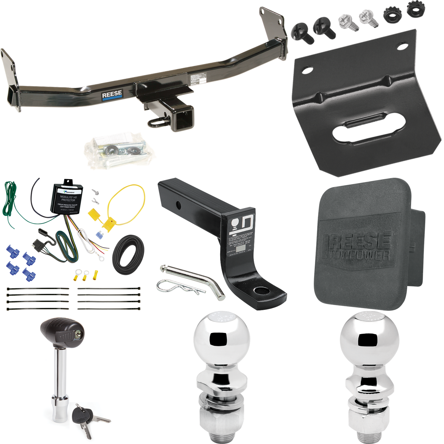 Fits 2007-2010 Jeep Compass Trailer Hitch Tow PKG w/ 4-Flat Wiring + Ball Mount w/ 4" Drop + 2" Ball + 2-5/16" Ball + Wiring Bracket + Hitch Lock + Hitch Cover (For Rallye Edition Models) By Reese Towpower