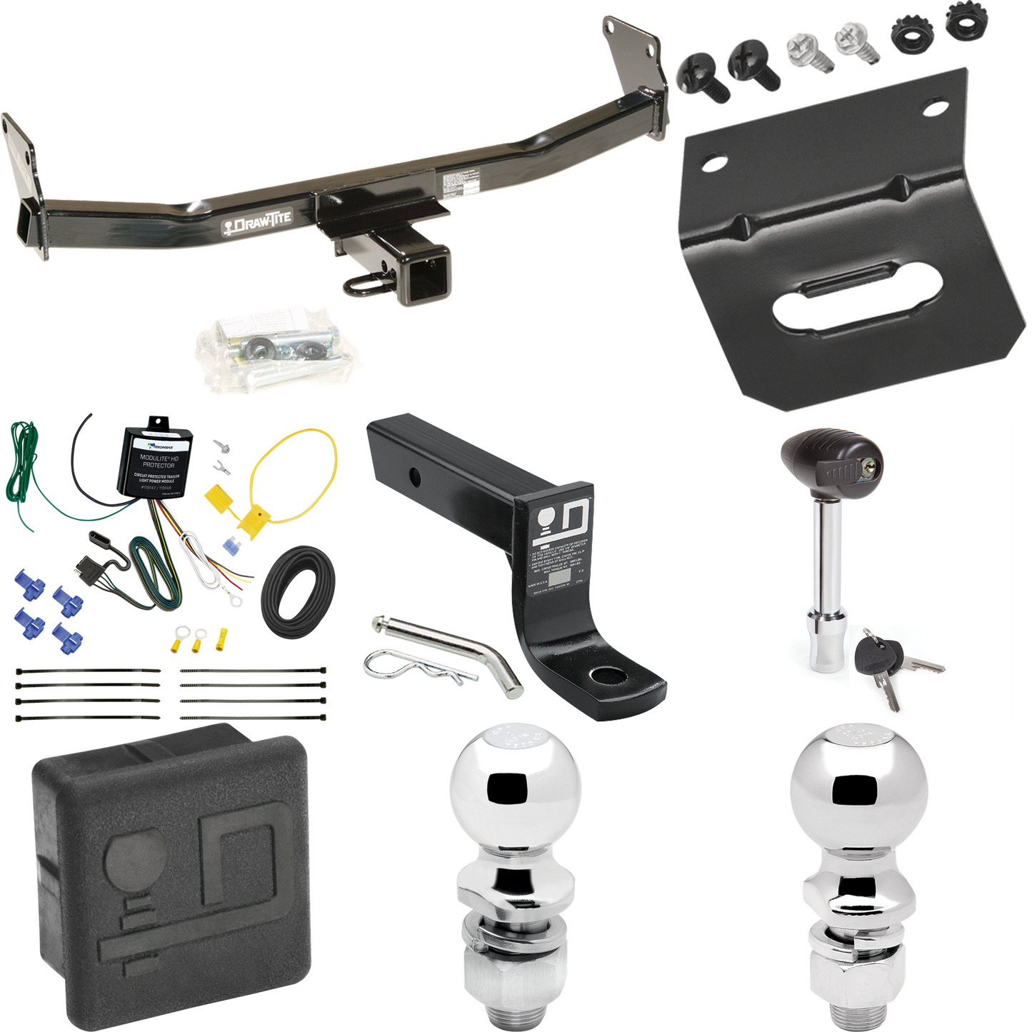 Fits 2007-2007 Jeep Patriot Trailer Hitch Tow PKG w/ 4-Flat Wiring + Ball Mount w/ 4" Drop + 2" Ball + 2-5/16" Ball + Wiring Bracket + Hitch Lock + Hitch Cover By Draw-Tite