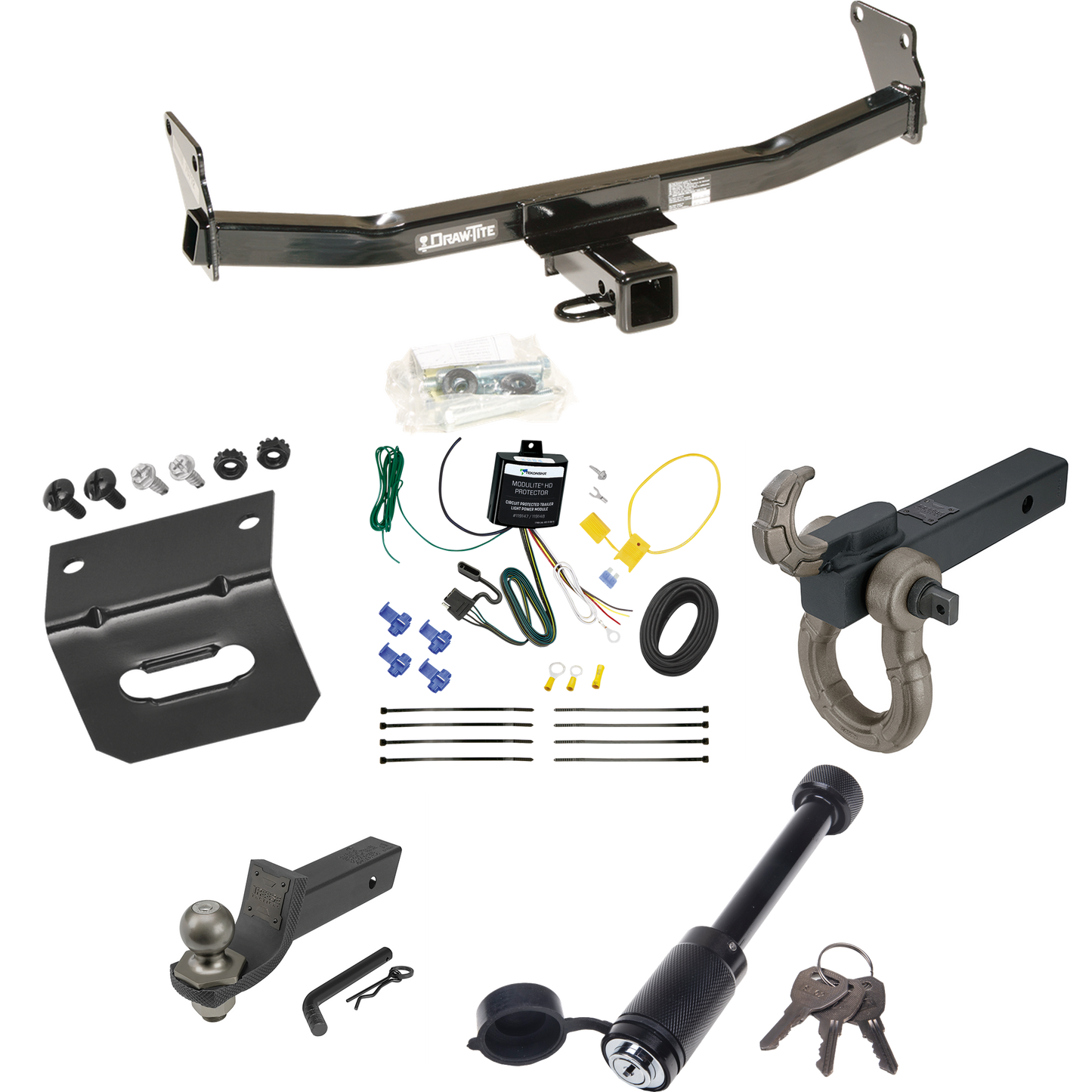 Fits 2007-2010 Jeep Compass Trailer Hitch Tow PKG w/ 4-Flat Wiring + Interlock Tactical Starter Kit w/ 2" Drop & 2" Ball + Tactical Hook & Shackle Mount + Tactical Dogbone Lock + Wiring Bracket (For Rallye Edition Models) By Draw-Tite