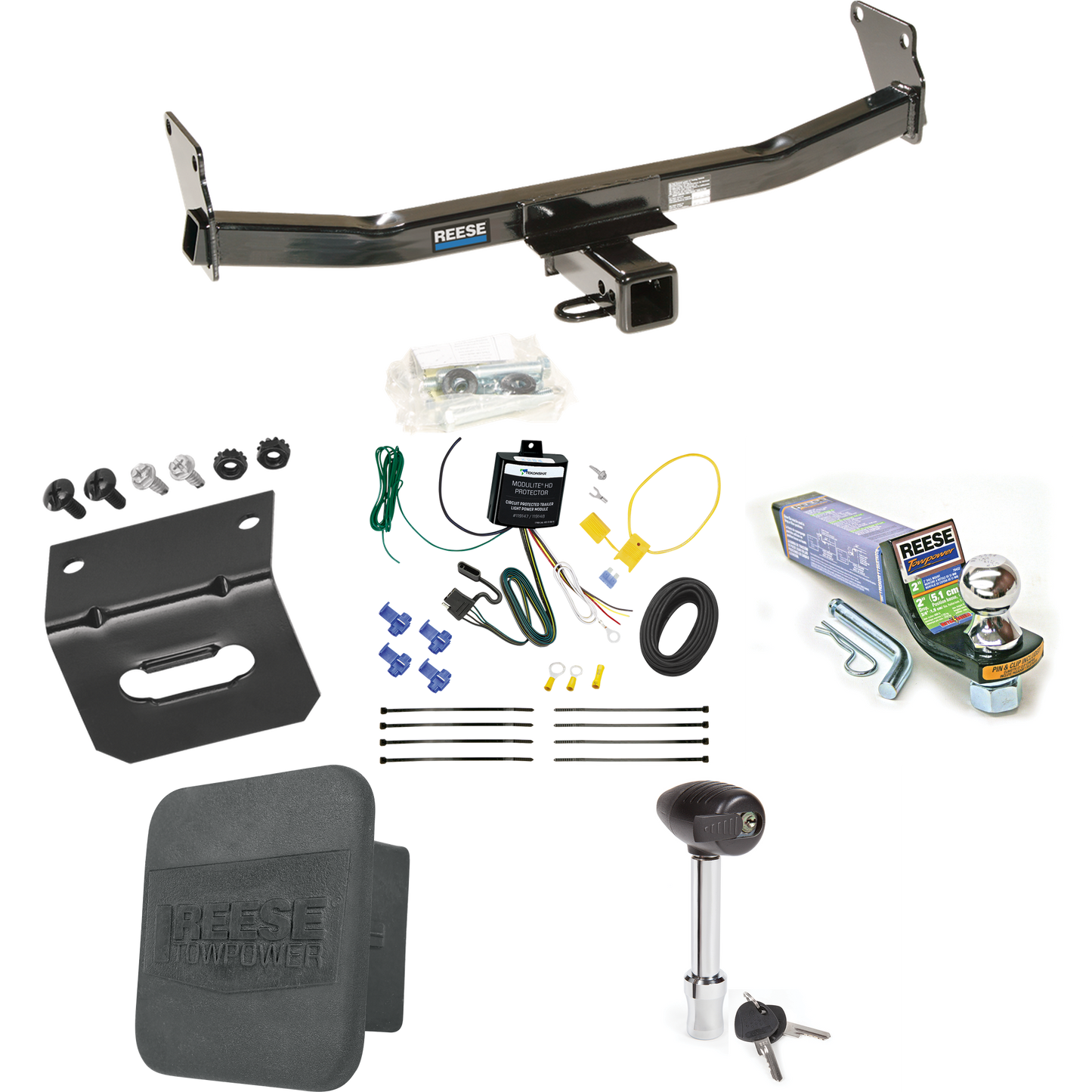 Fits 2007-2010 Jeep Compass Trailer Hitch Tow PKG w/ 4-Flat Wiring + Starter Kit Ball Mount w/ 2" Drop & 1-7/8" Ball + Wiring Bracket + Hitch Lock + Hitch Cover By Reese Towpower