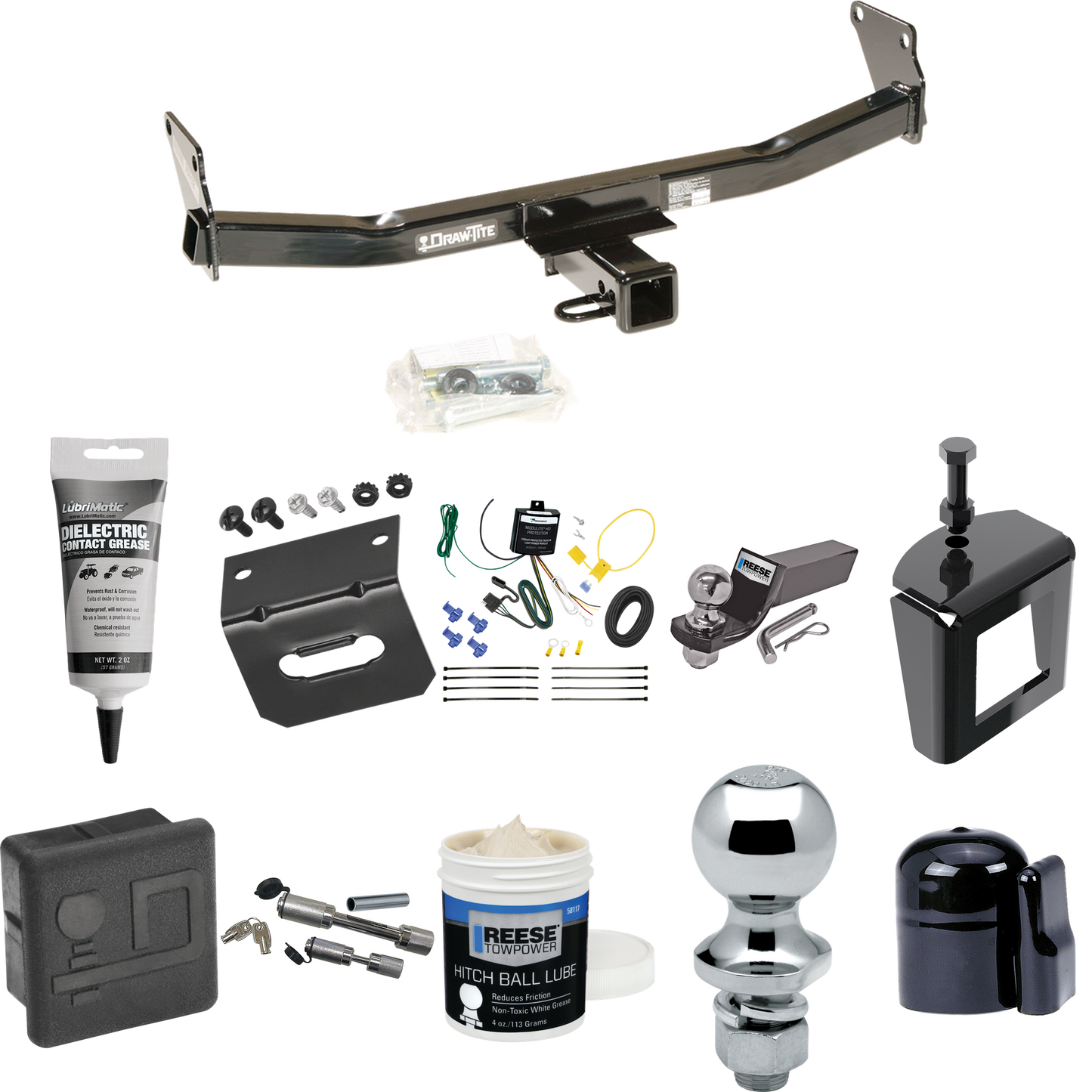 Fits 2007-2010 Jeep Compass Trailer Hitch Tow PKG w/ 4-Flat Wiring + Starter Kit Ball Mount w/ 2" Drop & 2" Ball + 1-7/8" Ball + Wiring Bracket + Dual Hitch & Coupler Locks + Hitch Cover + Wiring Tester + Ball Lube +Electric Grease + Ball Wrench + An