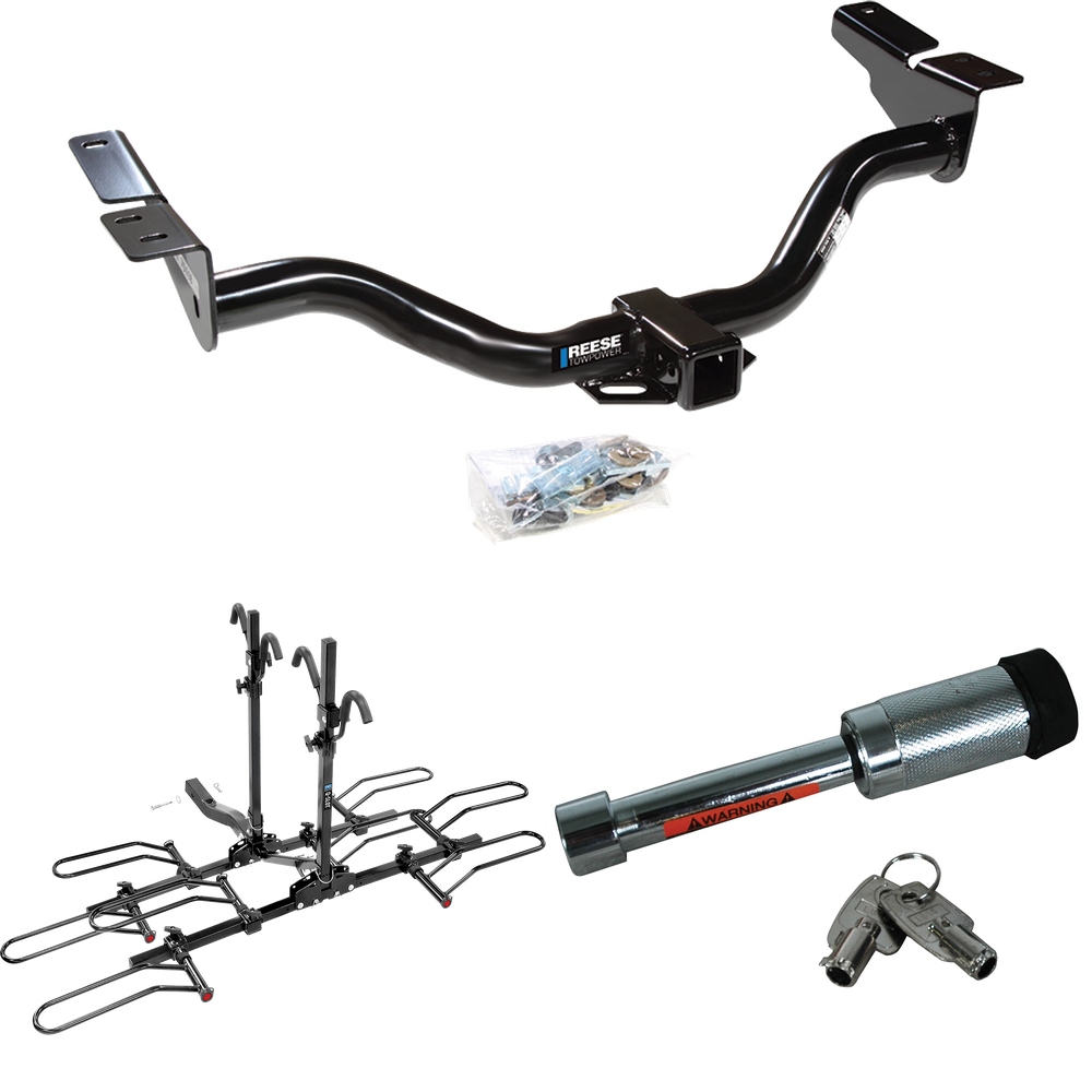 Fits 2001-2004 Ford Escape Trailer Hitch Tow PKG w/ 4 Bike Plaform Style Carrier Rack + Hitch Lock By Reese Towpower