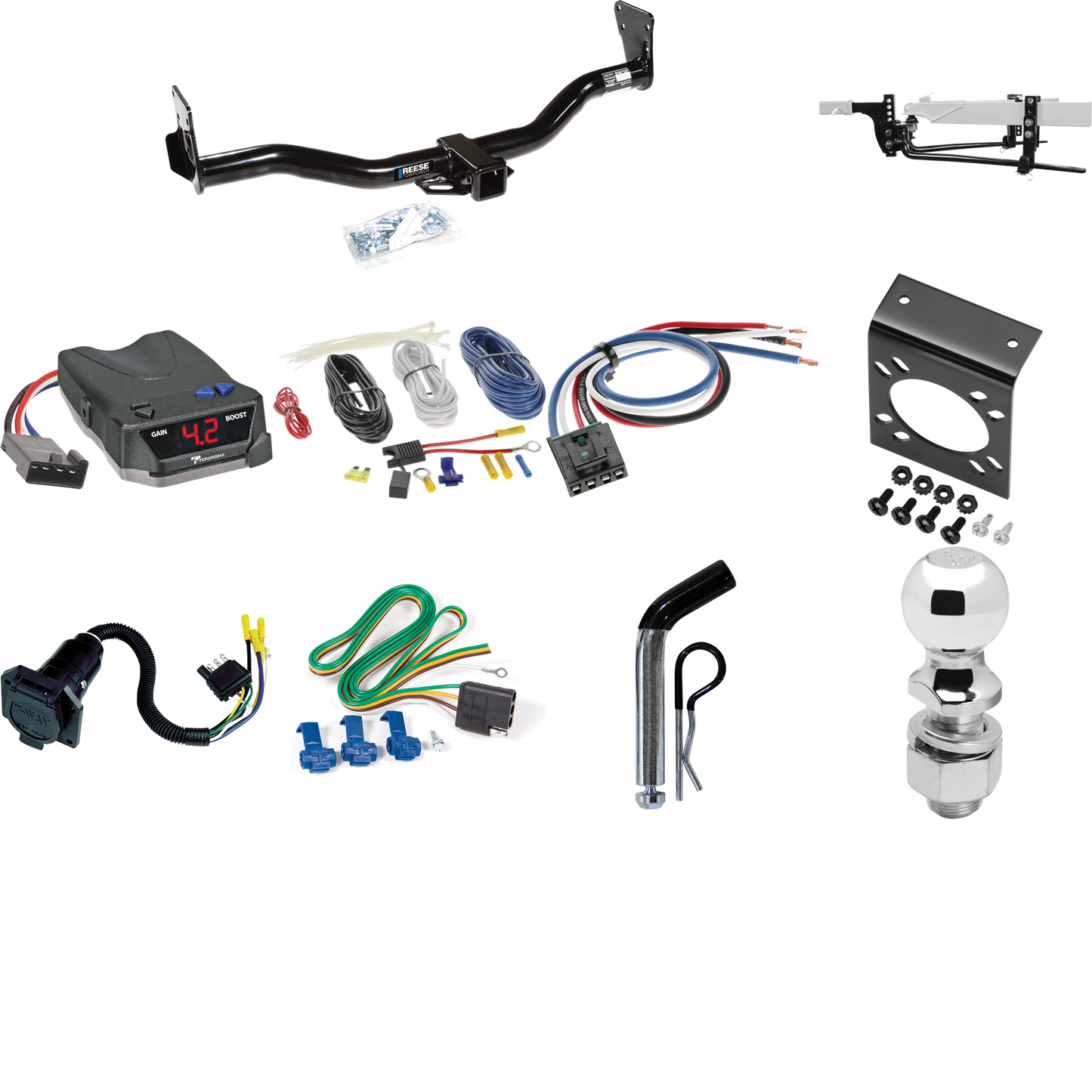 Fits 1999-2001 Chevrolet Blazer Trailblazer Trailer Hitch Tow PKG w/ 6K Round Bar Weight Distribution Hitch w/ 2-5/16" Ball + 2" Ball + Pin/Clip + Tekonsha BRAKE-EVN Brake Control + Generic BC Wiring Adapter + 7-Way RV Wiring By Reese Towpower