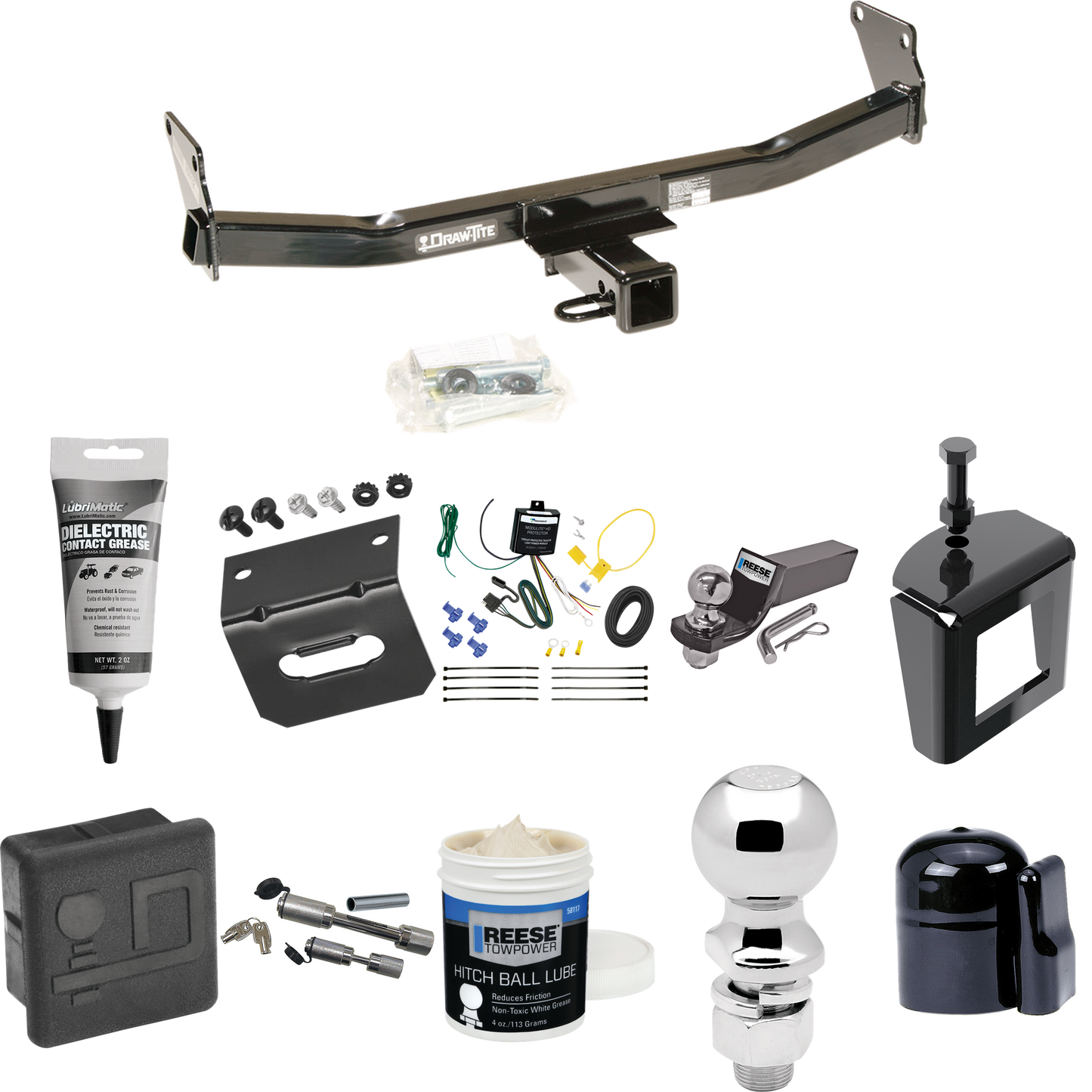 Fits 2007-2007 Jeep Patriot Trailer Hitch Tow PKG w/ 4-Flat Wiring + Starter Kit Ball Mount w/ 2" Drop & 2" Ball + 2-5/16" Ball + Wiring Bracket + Dual Hitch & Coupler Locks + Hitch Cover + Wiring Tester + Ball Lube +Electric Grease + Ball Wrench + A