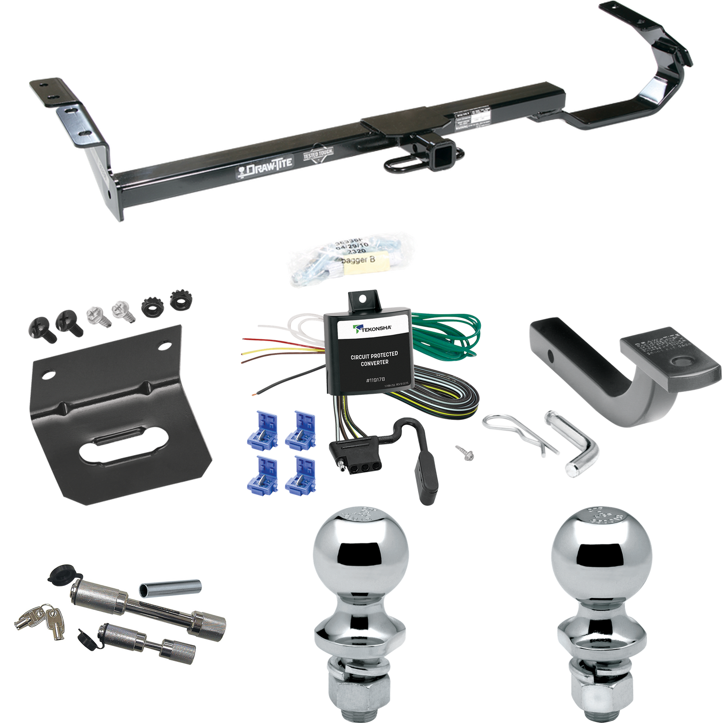 Se adapta al paquete de enganche de remolque Toyota Avalon 1995-1999 con arnés de cableado plano de 4 + barra de tracción + bola de 1-7/8" + bola de 2" + soporte de cableado + enganche doble y cerraduras de acoplador de Draw-Tite