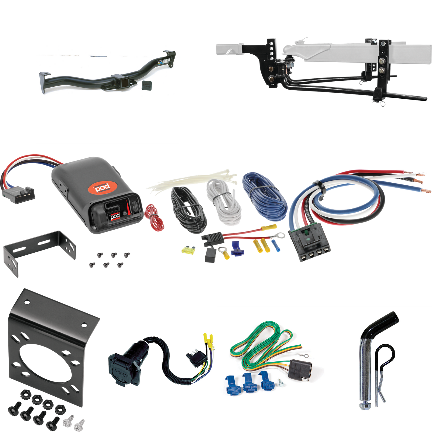 Fits 1996-2014 GMC Savana 3500 Trailer Hitch Tow PKG w/ 6K Round Bar Weight Distribution Hitch w/ 2-5/16" Ball + Pin/Clip + Pro Series POD Brake Control + Generic BC Wiring Adapter + 7-Way RV Wiring By Reese Towpower