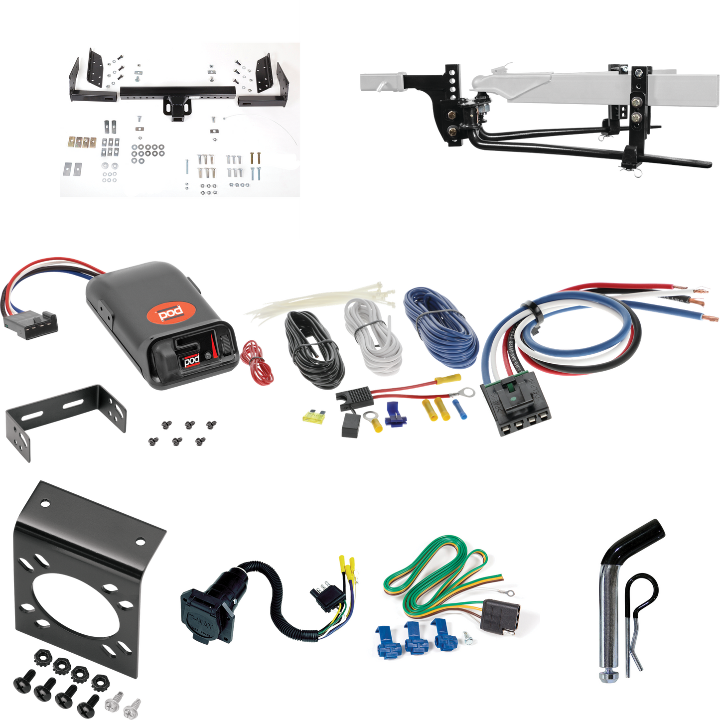 Fits 1983-1992 Ford Ranger Trailer Hitch Tow PKG w/ 6K Round Bar Weight Distribution Hitch w/ 2-5/16" Ball + Pin/Clip + Pro Series POD Brake Control + Generic BC Wiring Adapter + 7-Way RV Wiring (Excludes: w/Rear Fascia Models) By Reese Towpower