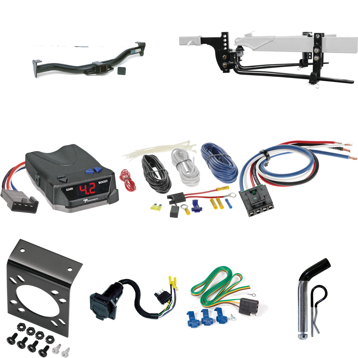 Fits 2009-2014 Ford E-250 Econoline Trailer Hitch Tow PKG w/ 6K Round Bar Weight Distribution Hitch w/ 2-5/16" Ball + Pin/Clip + Tekonsha BRAKE-EVN Brake Control + Generic BC Wiring Adapter + 7-Way RV Wiring (Excludes: E-250 Super Wagon Cargo Van Mod