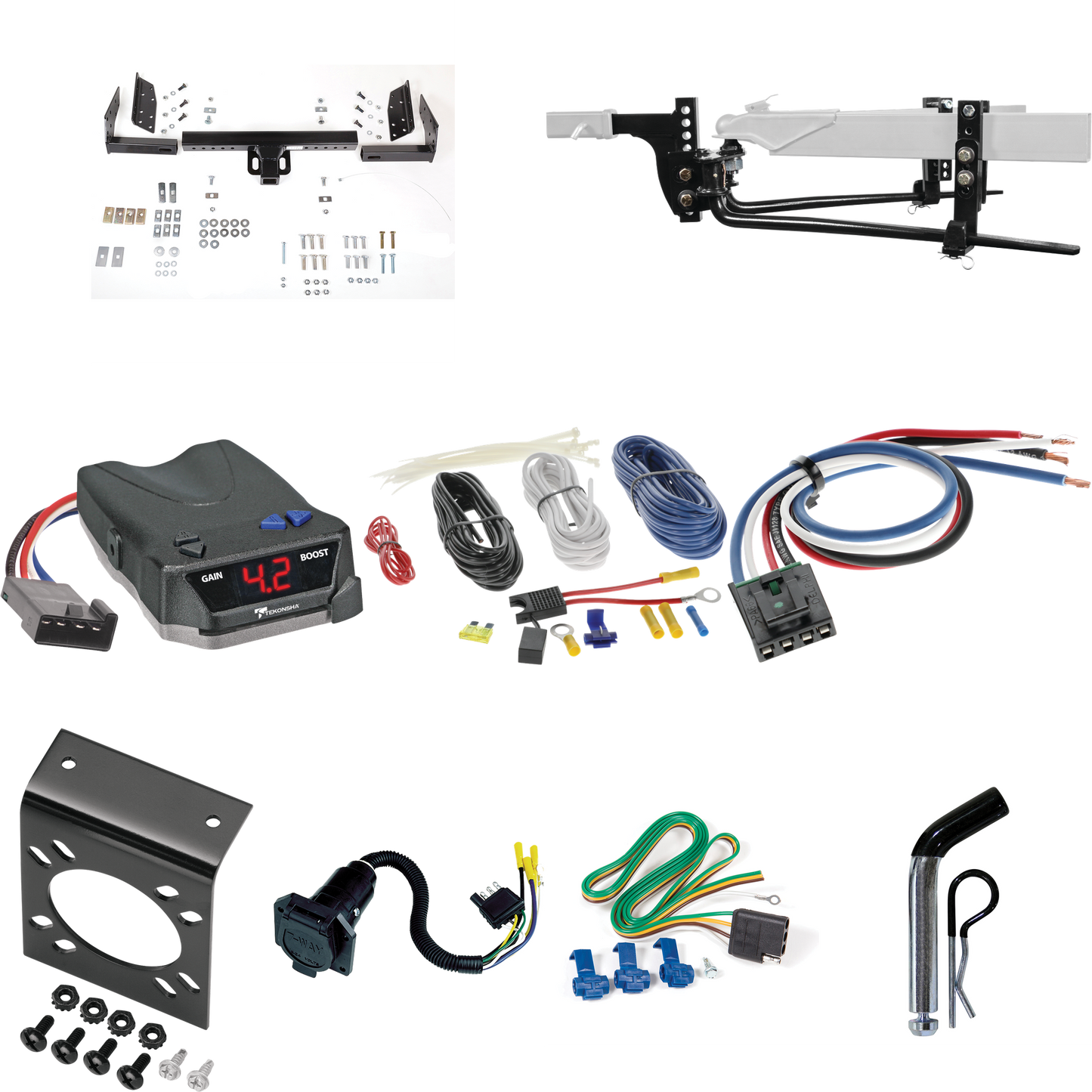 Fits 2004-2004 Ford Ranger Trailer Hitch Tow PKG w/ 6K Round Bar Weight Distribution Hitch w/ 2-5/16" Ball + Pin/Clip + Tekonsha BRAKE-EVN Brake Control + Generic BC Wiring Adapter + 7-Way RV Wiring (Excludes: Flareside or w/Rear Fascia Models) By Re