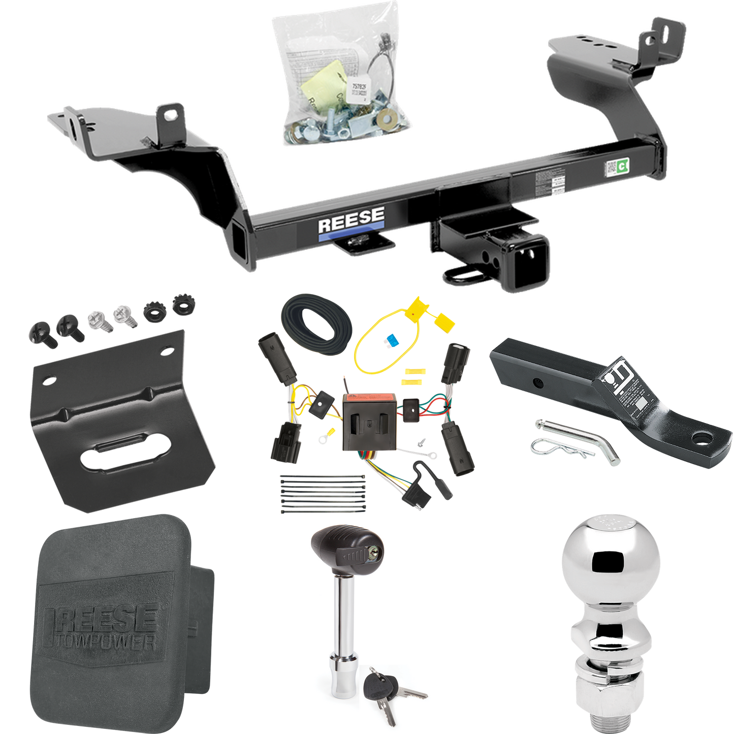 Fits 2013-2016 Ford Escape Trailer Hitch Tow PKG w/ 4-Flat Wiring + Ball Mount w/ 2" Drop + 2-5/16" Ball + Wiring Bracket + Hitch Lock + Hitch Cover By Reese Towpower