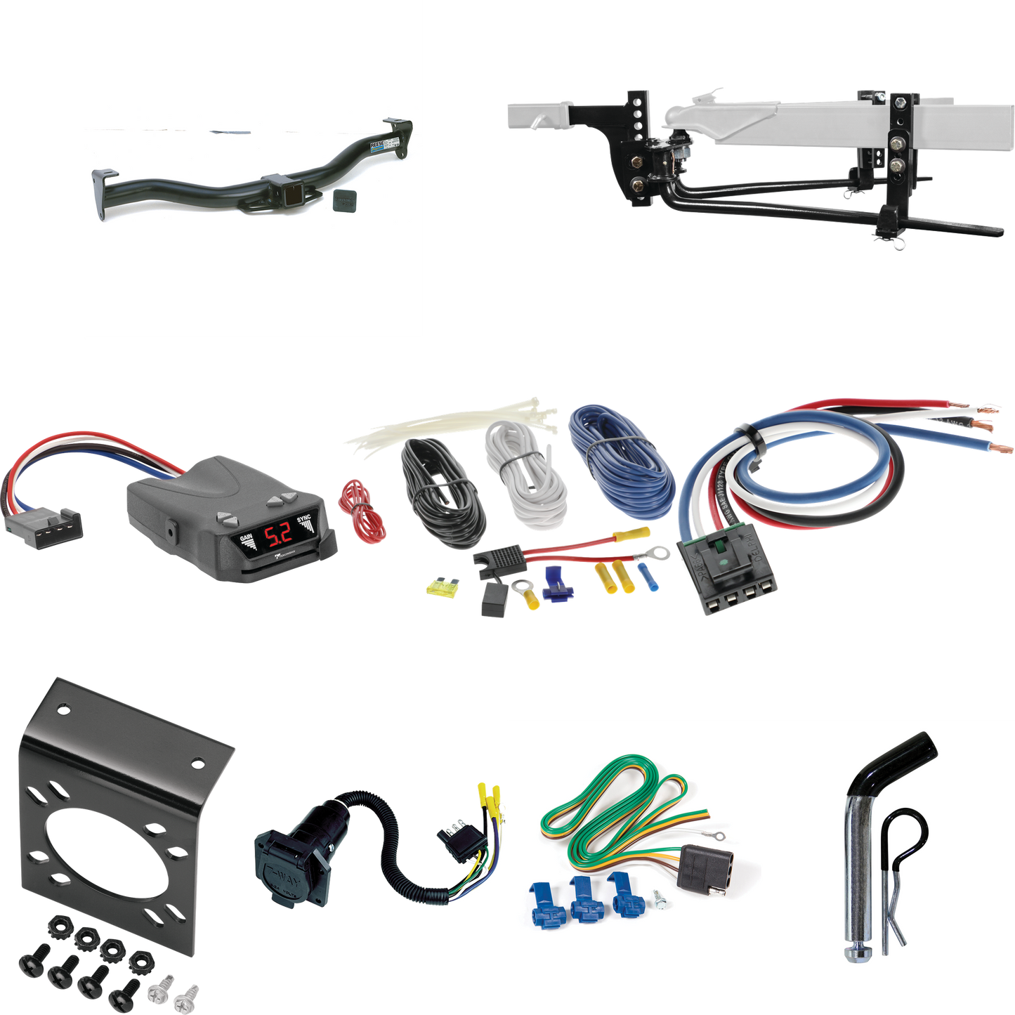 Fits 1996-1999 Chevrolet Express 2500 Trailer Hitch Tow PKG w/ 6K Round Bar Weight Distribution Hitch w/ 2-5/16" Ball + Pin/Clip + Tekonsha Brakeman IV Brake Control + Generic BC Wiring Adapter + 7-Way RV Wiring By Reese Towpower