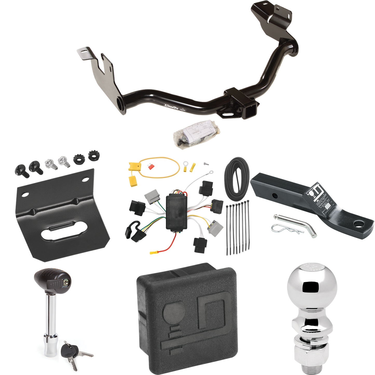 Se adapta al paquete de enganche de remolque Mazda Tribute 2005-2006 con 4 cables planos + soporte de bola con caída de 2" + bola de 2-5/16" + soporte de cableado + bloqueo de enganche + cubierta de enganche de Draw-Tite