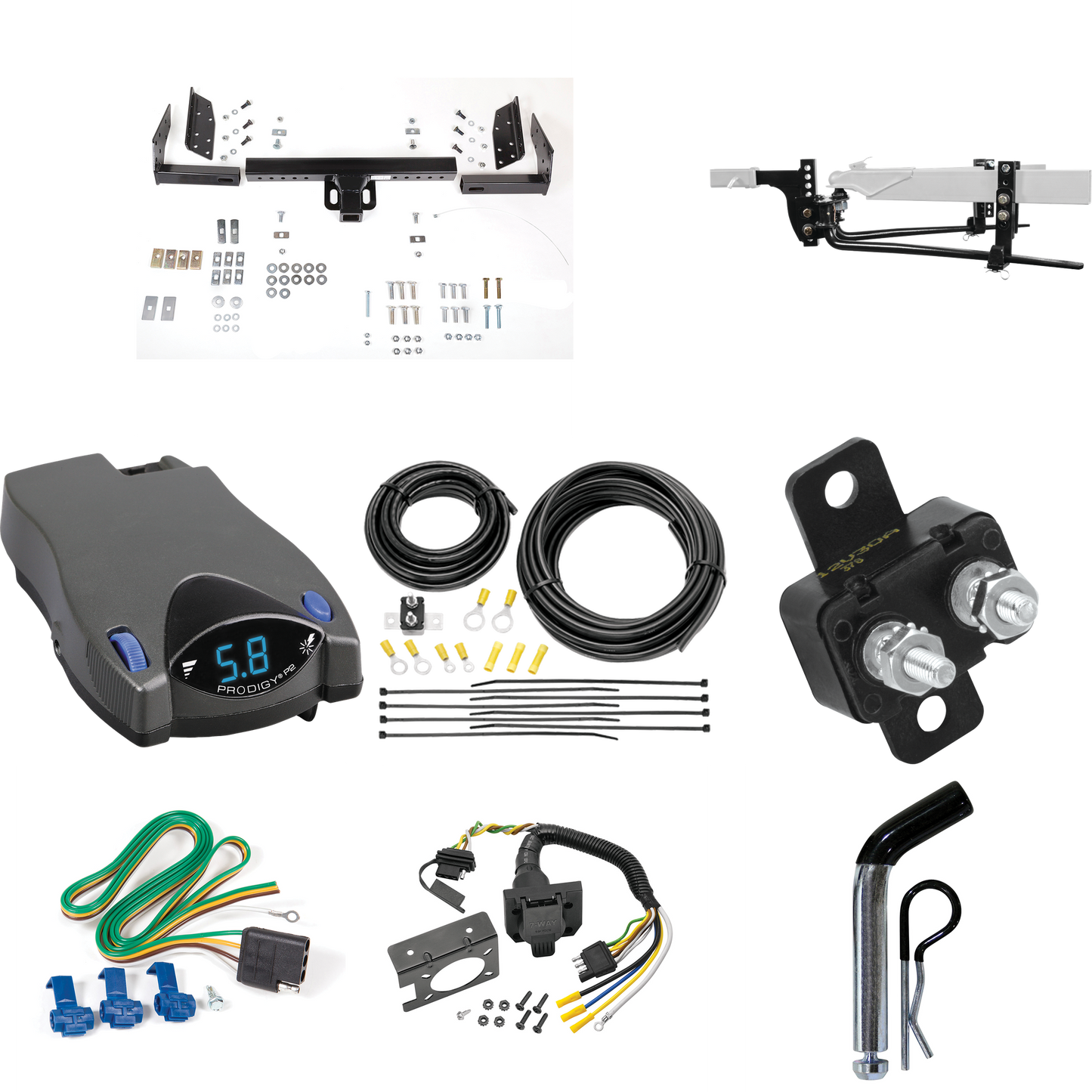 Se adapta al paquete de enganche de remolque Plymouth Voyager 1984-1990 con enganche de distribución de peso de barra redonda 6K con bola de 2-5/16" + pasador/clip + control de freno Tekonsha Prodigy P2 + cableado RV de 7 vías de Reese Towpower