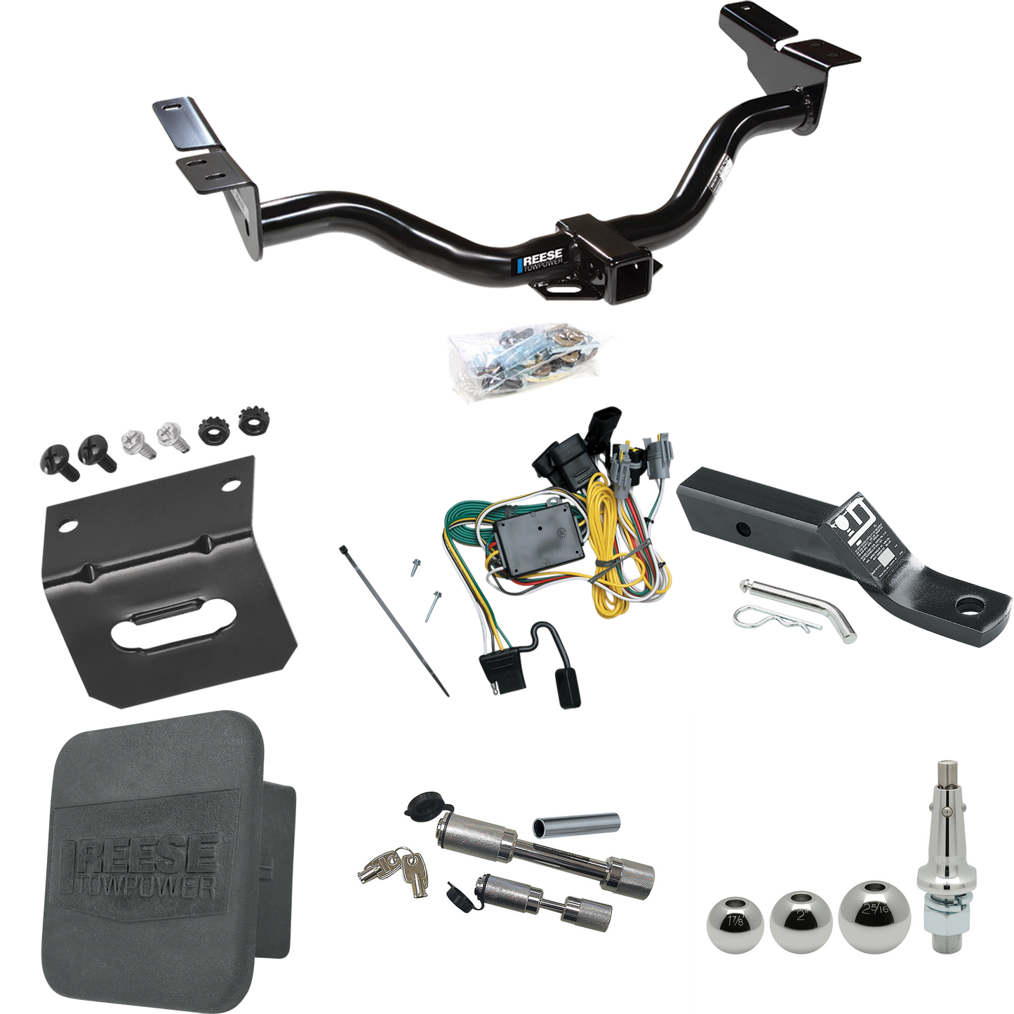 Fits 2001-2003 Mazda Tribute Trailer Hitch Tow PKG w/ 4-Flat Wiring + Ball Mount w/ 2" Drop + Interchangeable Ball 1-7/8" & 2" & 2-5/16" + Wiring Bracket + Dual Hitch & Coupler Locks + Hitch Cover By Reese Towpower