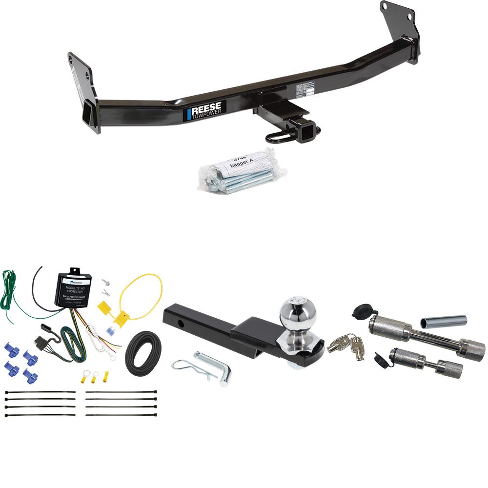 Fits 2007-2007 Jeep Patriot Trailer Hitch Tow PKG w/ 4-Flat Wiring Harness + Interlock Starter Kit w/ 2" Ball 1-1/4" Drop 3/4" Rise + Dual Hitch & Coupler Locks By Reese Towpower