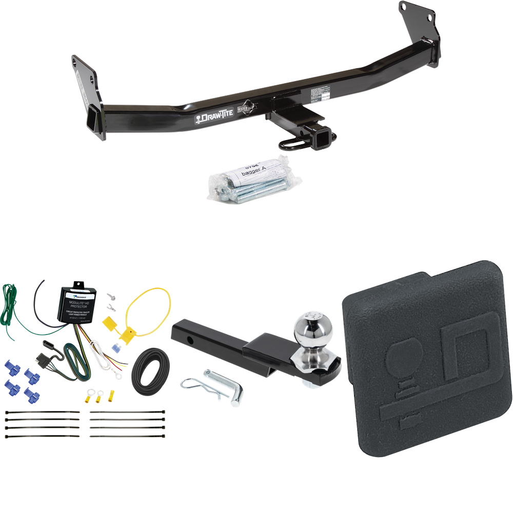 Fits 2007-2007 Jeep Patriot Trailer Hitch Tow PKG w/ 4-Flat Wiring Harness + Interlock Starter Kit w/ 2" Ball 1-1/4" Drop 3/4" Rise + Hitch Cover By Draw-Tite