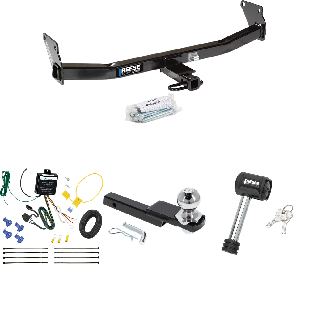 Fits 2007-2007 Jeep Patriot Trailer Hitch Tow PKG w/ 4-Flat Wiring Harness + Interlock Starter Kit w/ 2" Ball 1-1/4" Drop 3/4" Rise + Hitch Lock By Reese Towpower