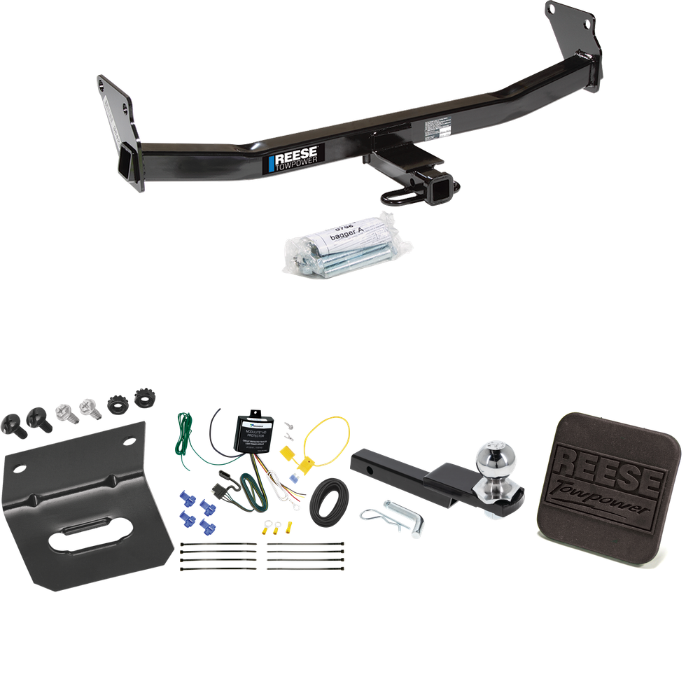 Fits 2007-2007 Jeep Patriot Trailer Hitch Tow PKG w/ 4-Flat Wiring Harness + Interlock Starter Kit w/ 2" Ball 1-1/4" Drop 3/4" Rise + Wiring Bracket + Hitch Cover By Reese Towpower