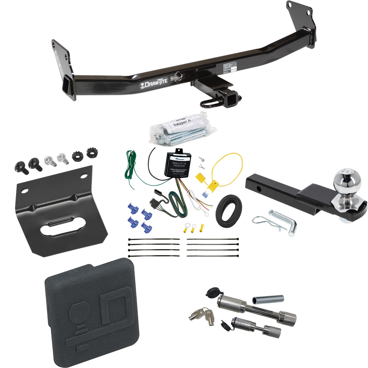 Fits 2007-2010 Jeep Compass Trailer Hitch Tow PKG w/ 4-Flat Wiring Harness + Interlock Starter Kit w/ 2" Ball 1-1/4" Drop 3/4" Rise + Wiring Bracket + Hitch Cover + Dual Hitch & Coupler Locks (For Rallye Edition Models) By Draw-Tite