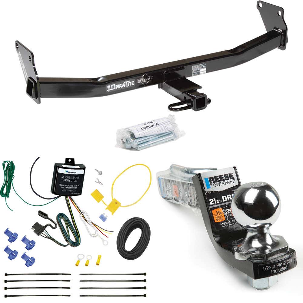 Fits 2007-2010 Jeep Compass Trailer Hitch Tow PKG w/ 4-Flat Wiring Harness + Interlock Starter Kit w/ 2" Ball 2-1/2" Drop 2" Rise By Draw-Tite