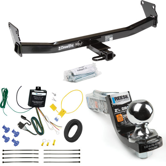 Fits 2007-2010 Jeep Compass Trailer Hitch Tow PKG w/ 4-Flat Wiring Harness + Interlock Starter Kit w/ 2" Ball 2-1/2" Drop 2" Rise By Draw-Tite